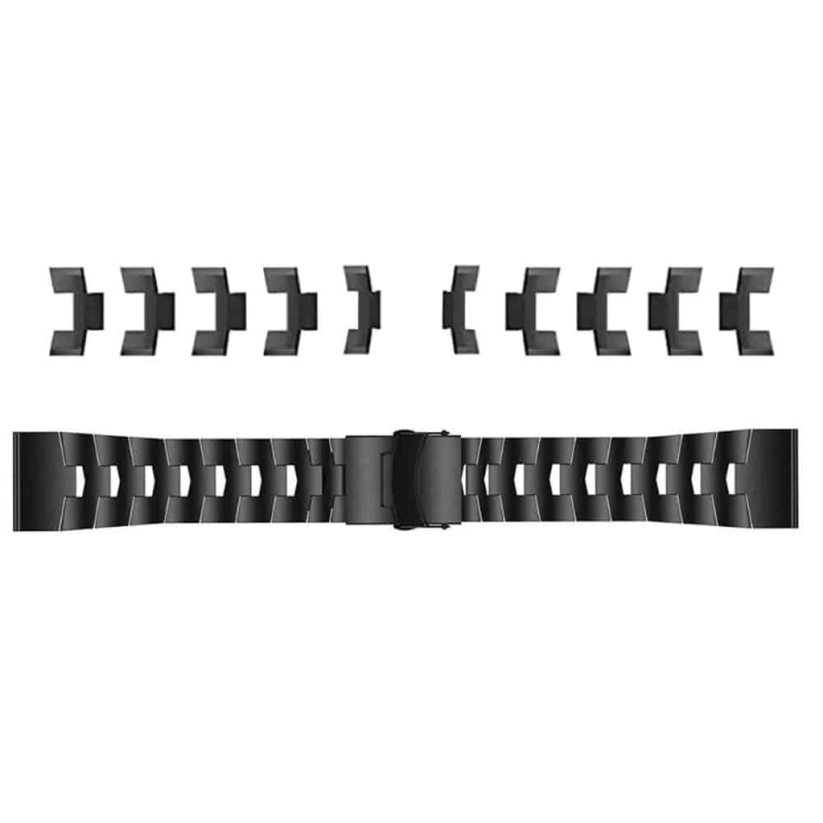 Schwarzes Uhrenarmband mit Verschluss und verschiedenen Glieddesigns auf weißem Grund.