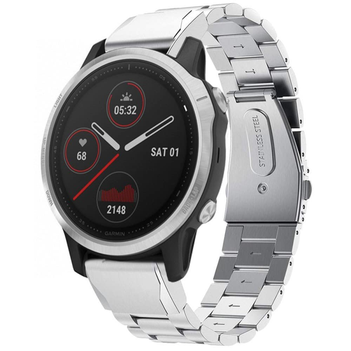 Smartwatch mit Metallband. Zeigt Zeit, Herzfrequenz und Datum an.