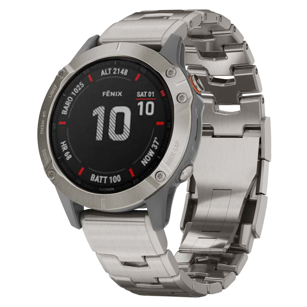 Silberne Garmin-Uhr mit schwarzem Display. Das Uhrenarmband ist metallisch.