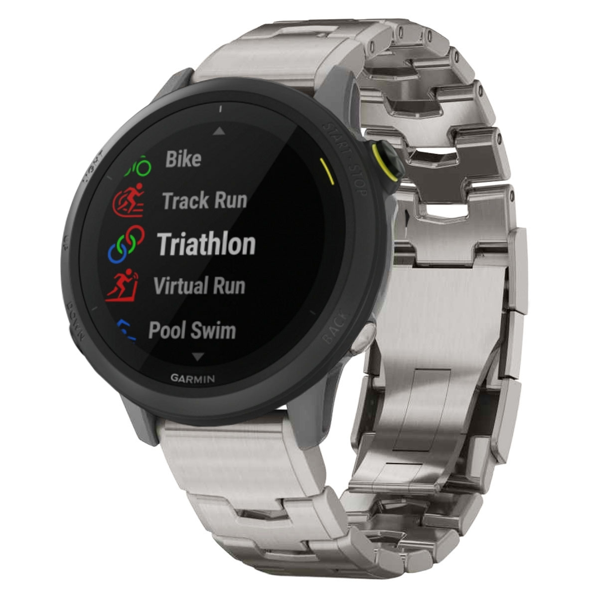 Silberne Garmin-Uhr mit schwarzem Bildschirm, der Sportoptionen anzeigt: Radfahren, Laufen, Triathlon usw.