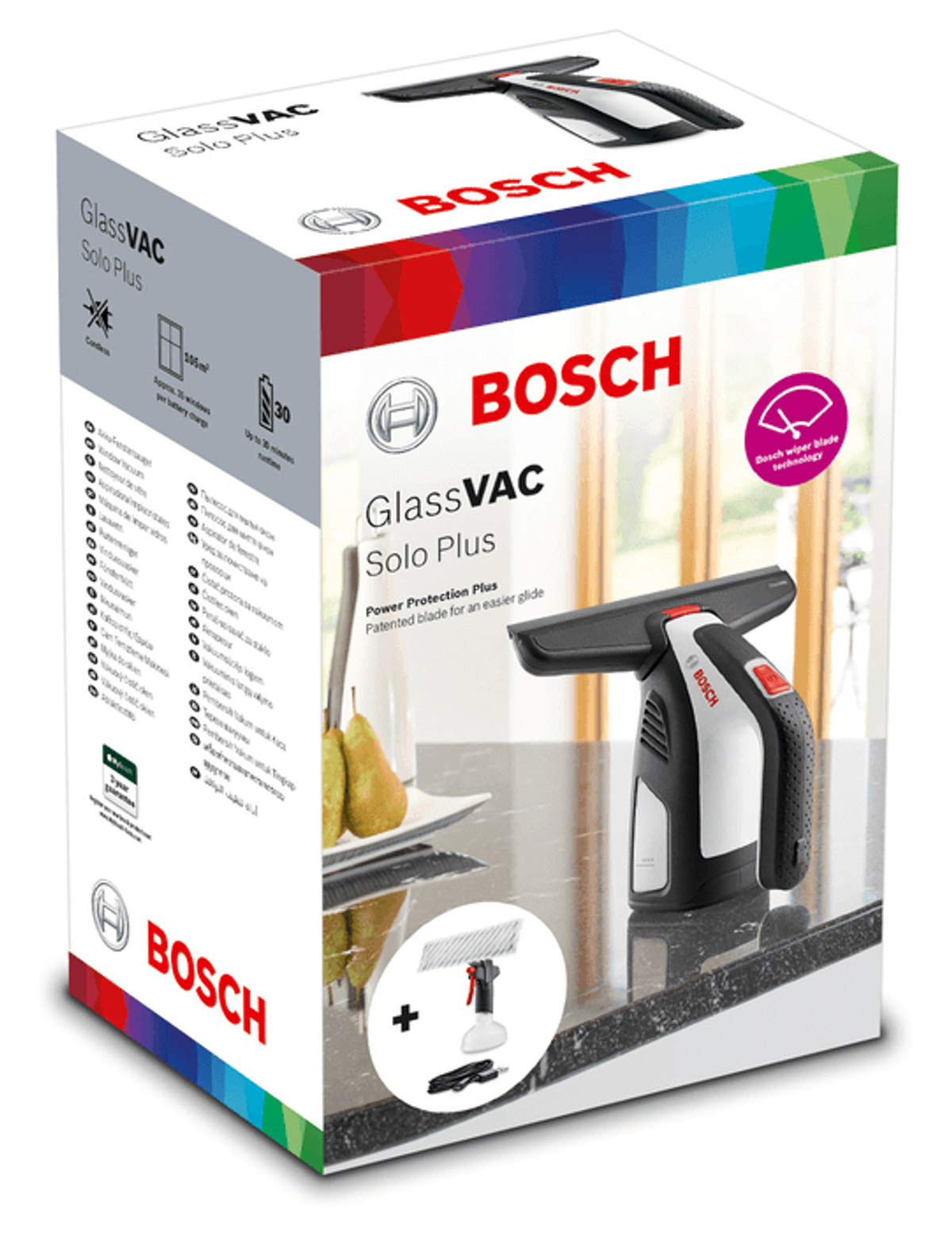 Caja Bosch GlassVAC Solo Plus con limpiacristales y accesorios sobre encimera.