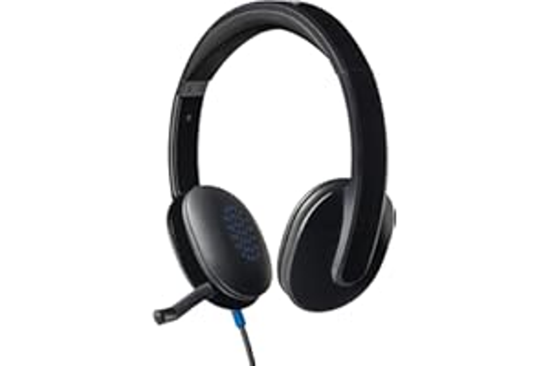 Cuffie over-ear nere con microfono. I cuscinetti sono blu all'interno. Cavo visibile.