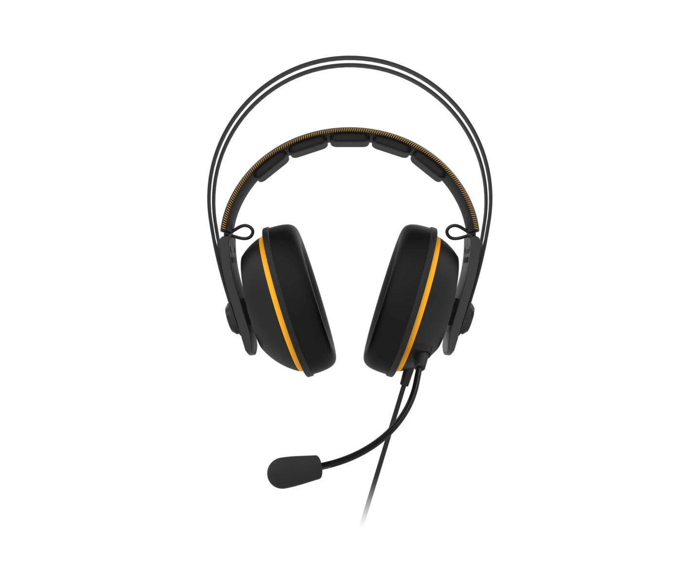Czarne i żółte słuchawki dla graczy z mikrofonem na białym tle.