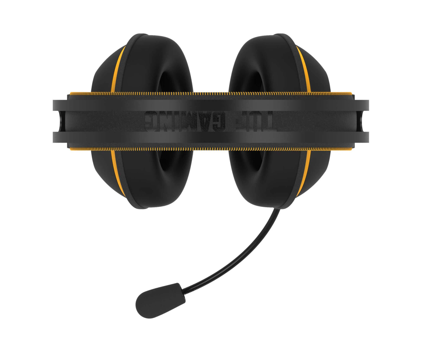 Widok z góry na czarno-żółty zestaw słuchawkowy do gier. Tekst: TUF GAMING. Mikrofon.