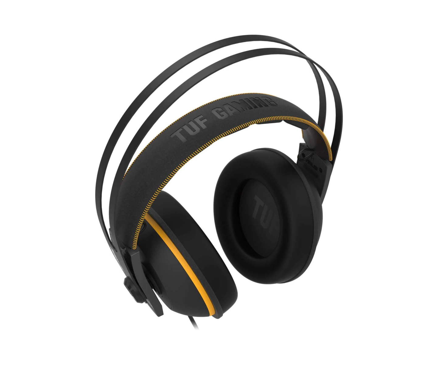 Czarne słuchawki TUF Gaming z żółtymi akcentami, unoszące się na białym tle.