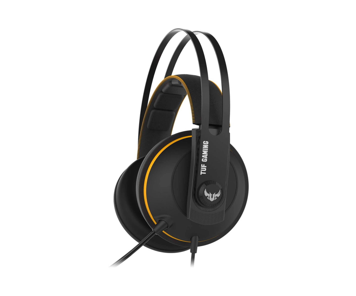 Czarne i żółte słuchawki TUF Gaming z widocznym mikrofonem i kablem.