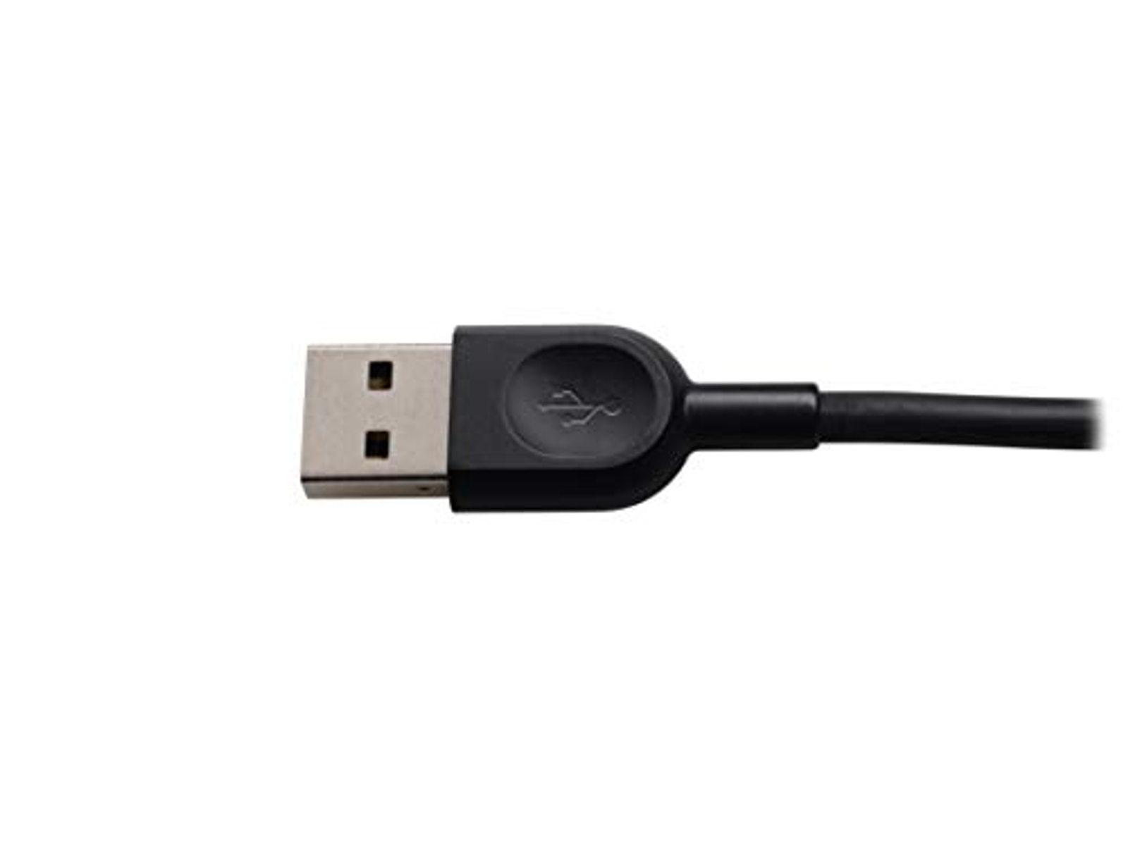 Cavo USB con connettore. Cavo e connettore neri. Sfondo bianco.
