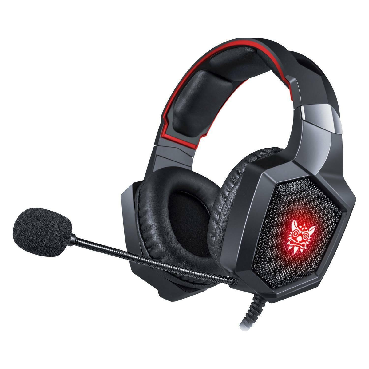 Cuffie da gioco nere e rosse con microfono. Logo rosso illuminato sul padiglione auricolare, cavo collegato.