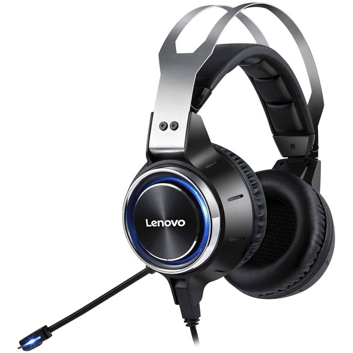 Casque de jeu Lenovo noir avec microphone, accents argentés et lumières bleues.