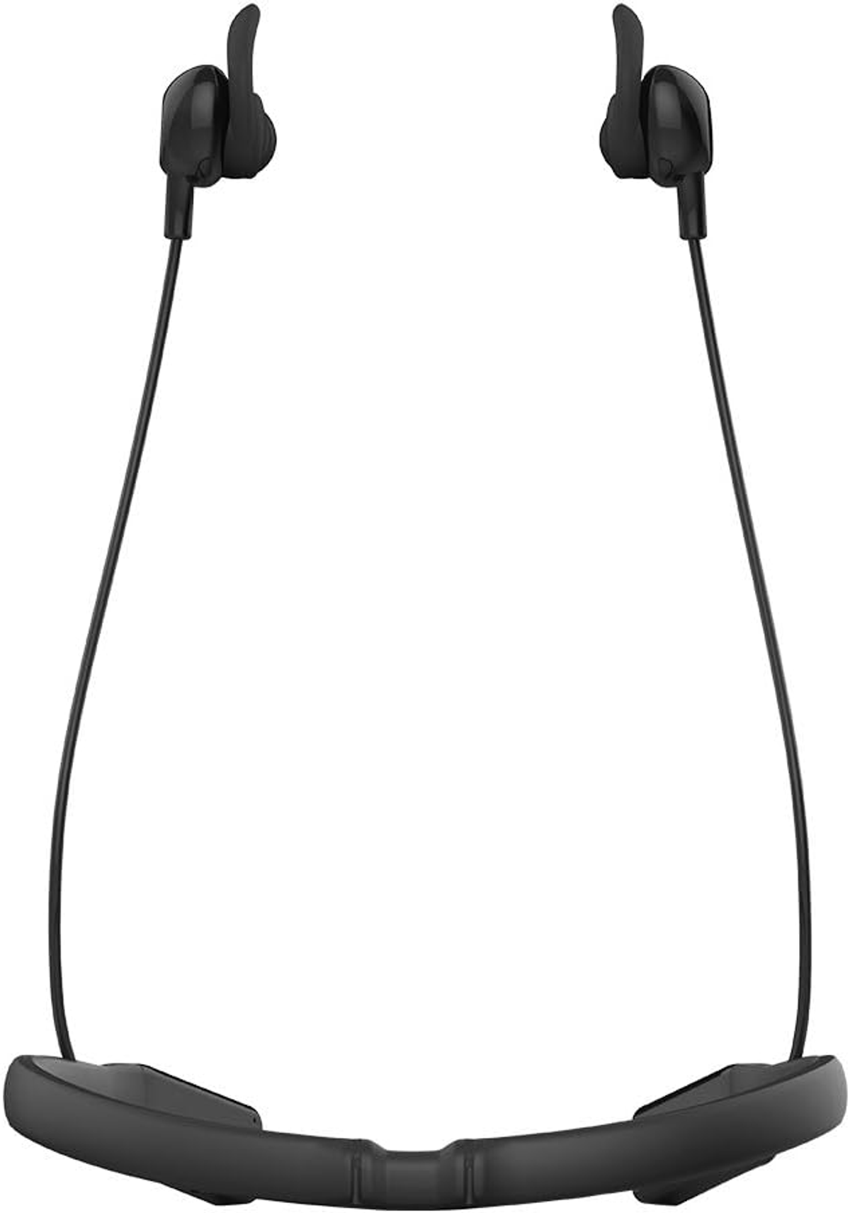 Schwarze In-Ear-Kopfhörer mit Nackenband. Die Ohrhörer und das Nackenband sind sichtbar.