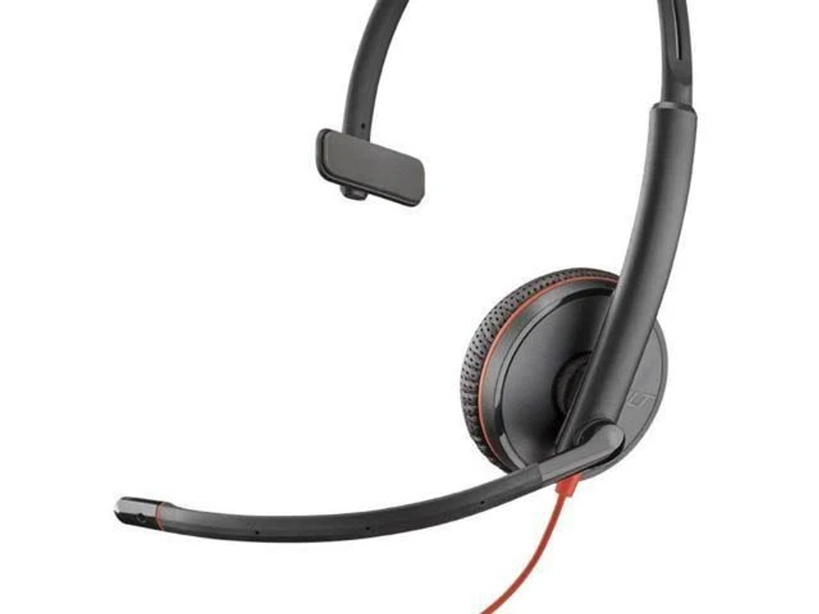 A black headset with a microphone boom, red accents, and a white background.