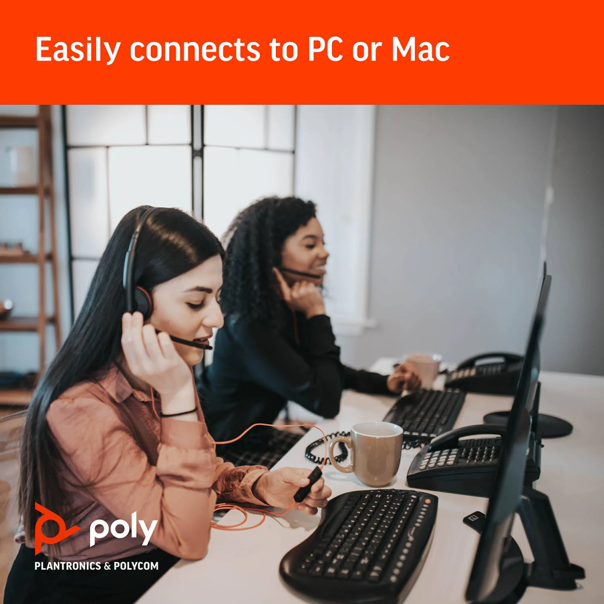 Two women wearing headsets, working at computers. Orange banner says 'Easily connects to PC or Mac'.