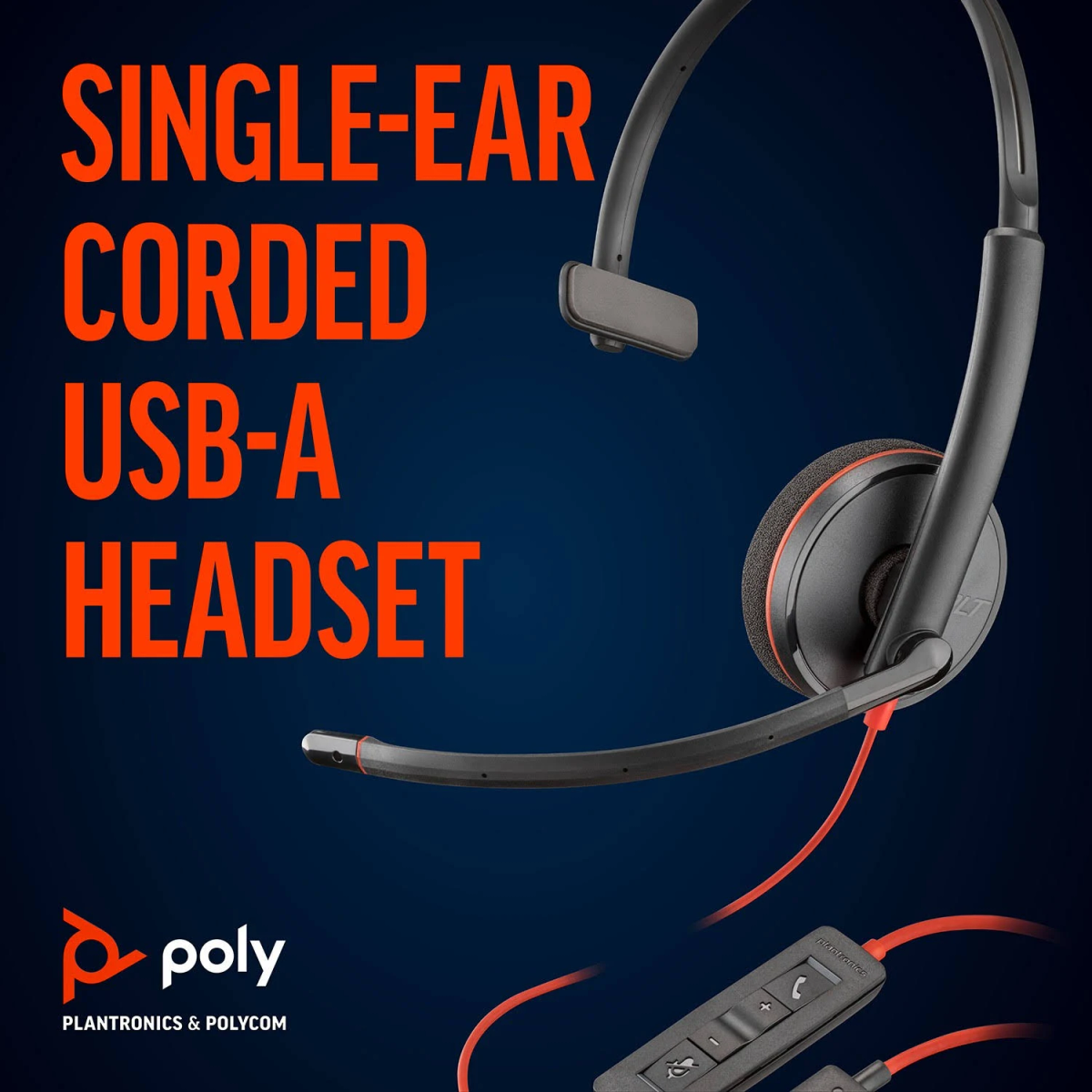 Single-ear, corded USB-A headset with a microphone and volume controls, presented on a dark background.