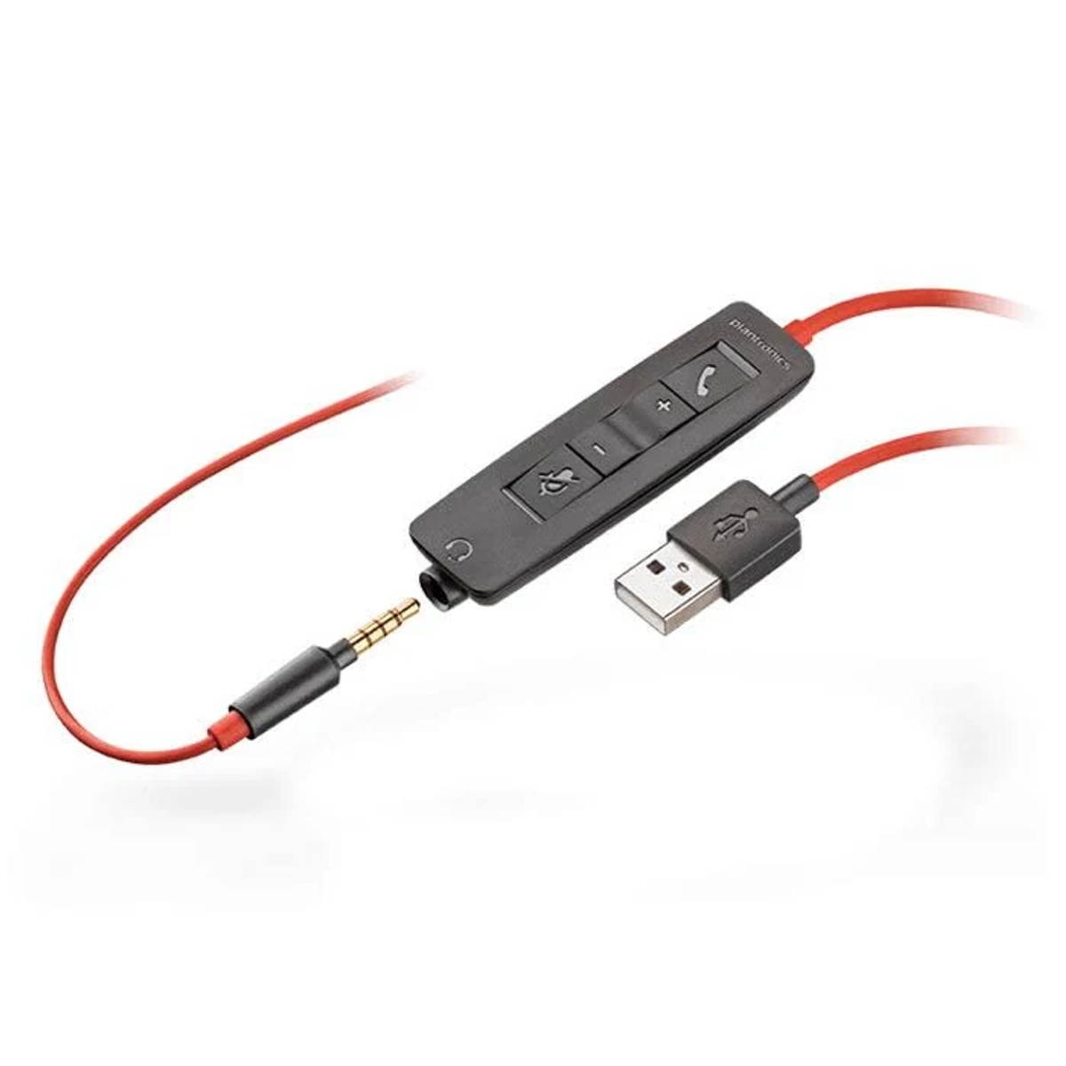 Red and black Plantronics headset cable with a control module and USB connector.