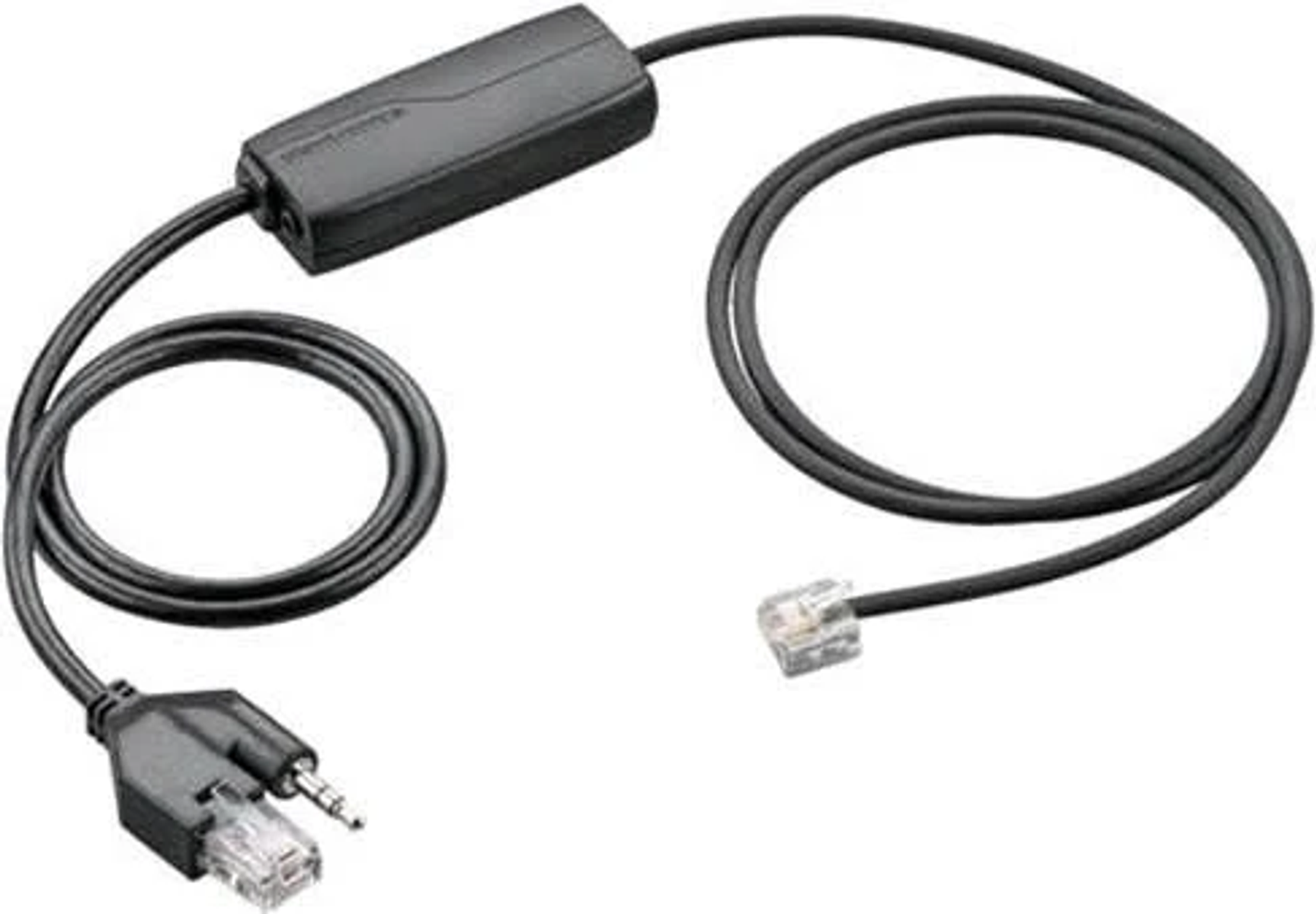 Black cable with connectors: one for the phone and one for the wall, isolated on white background.