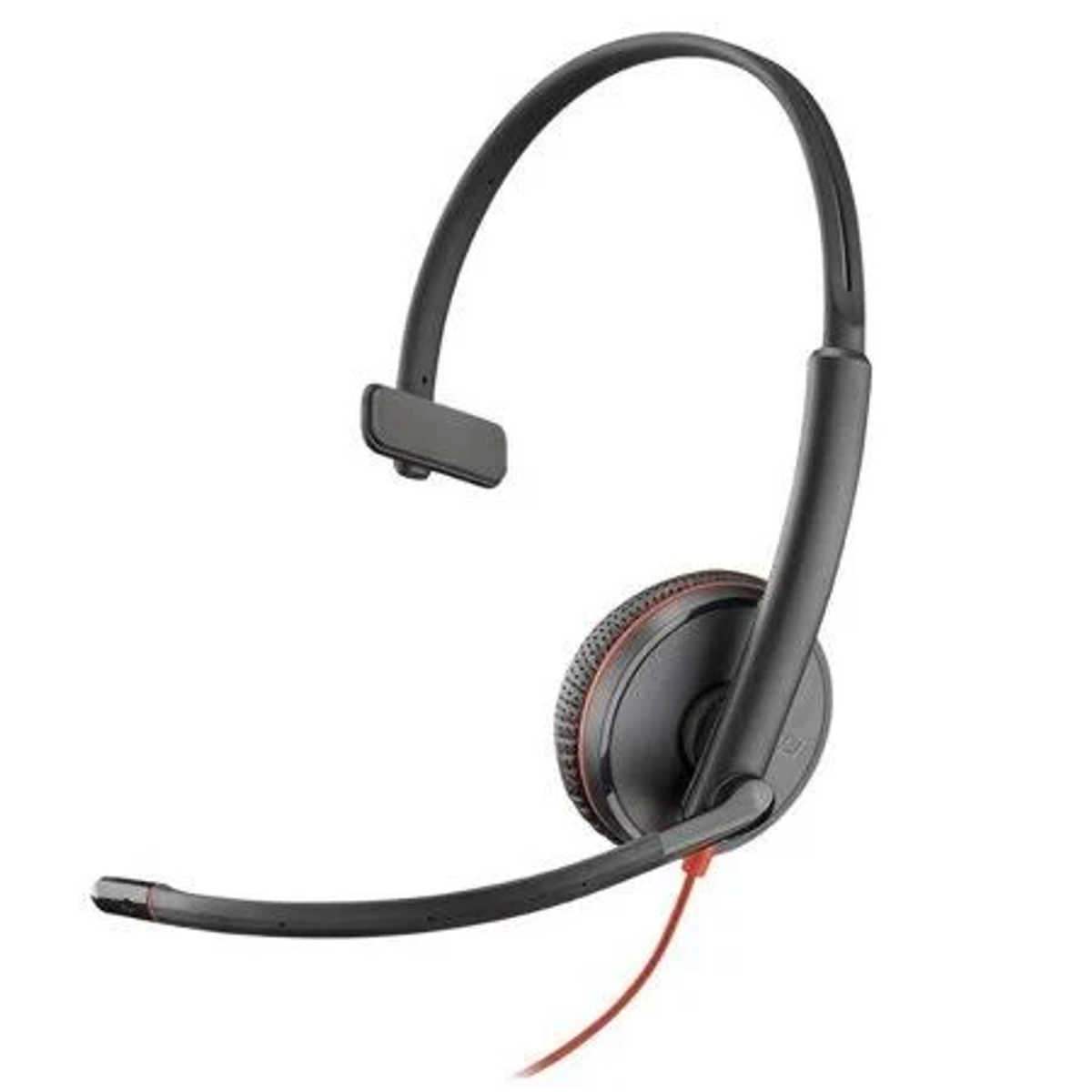 Black Plantronics headset, red accents, white background.