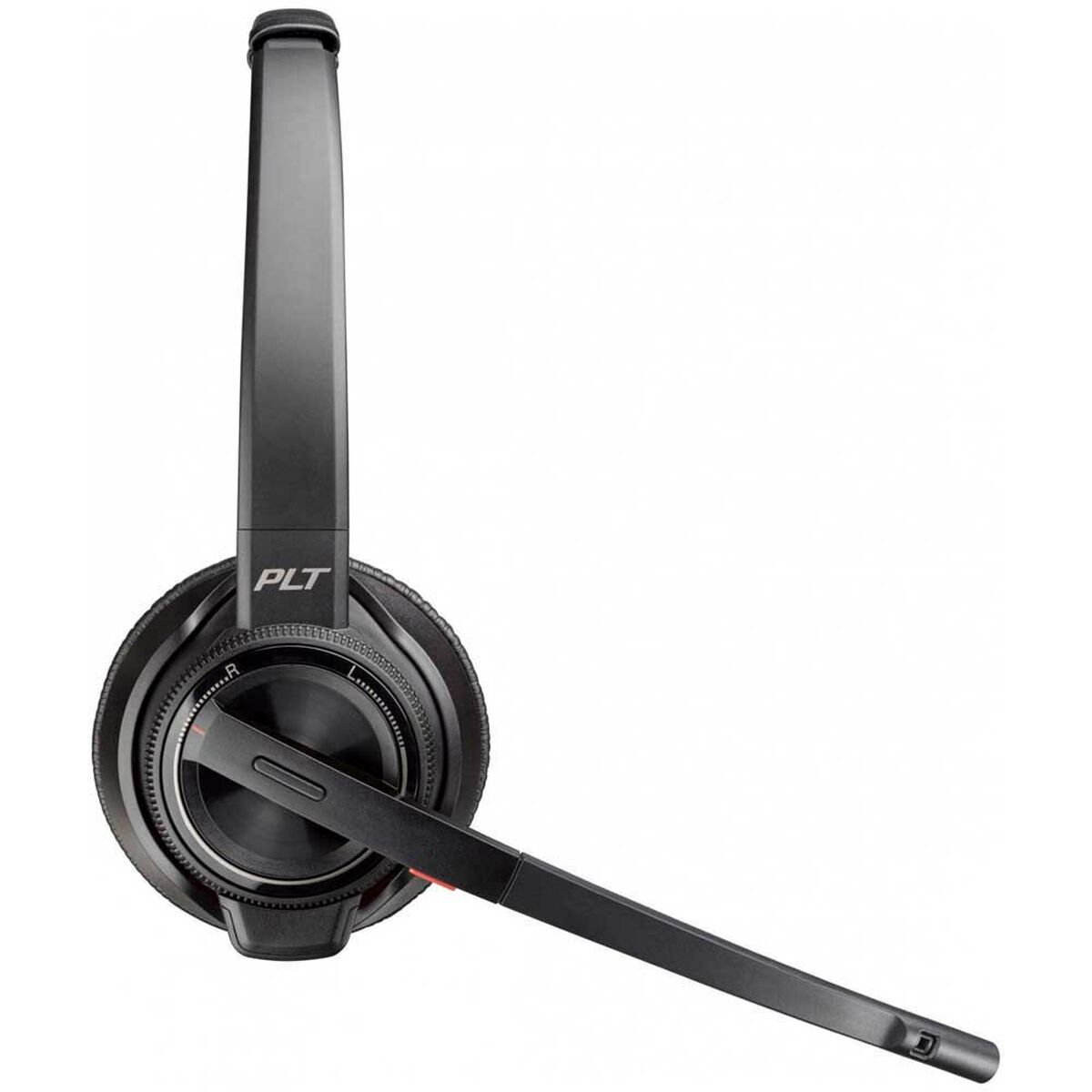 Schwarzes Headset mit PLT-Logo und einstellbarem Mikrofon.