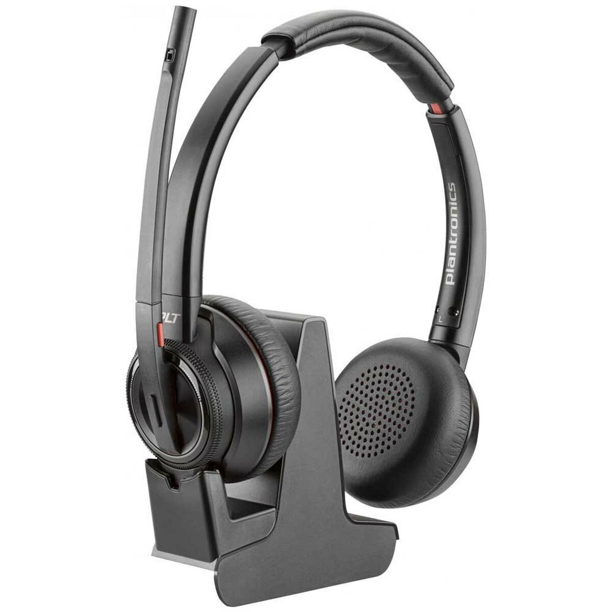 Ein schwarzes Plantronics-Headset mit Ladestation, für den Bürogebrauch konzipiert.