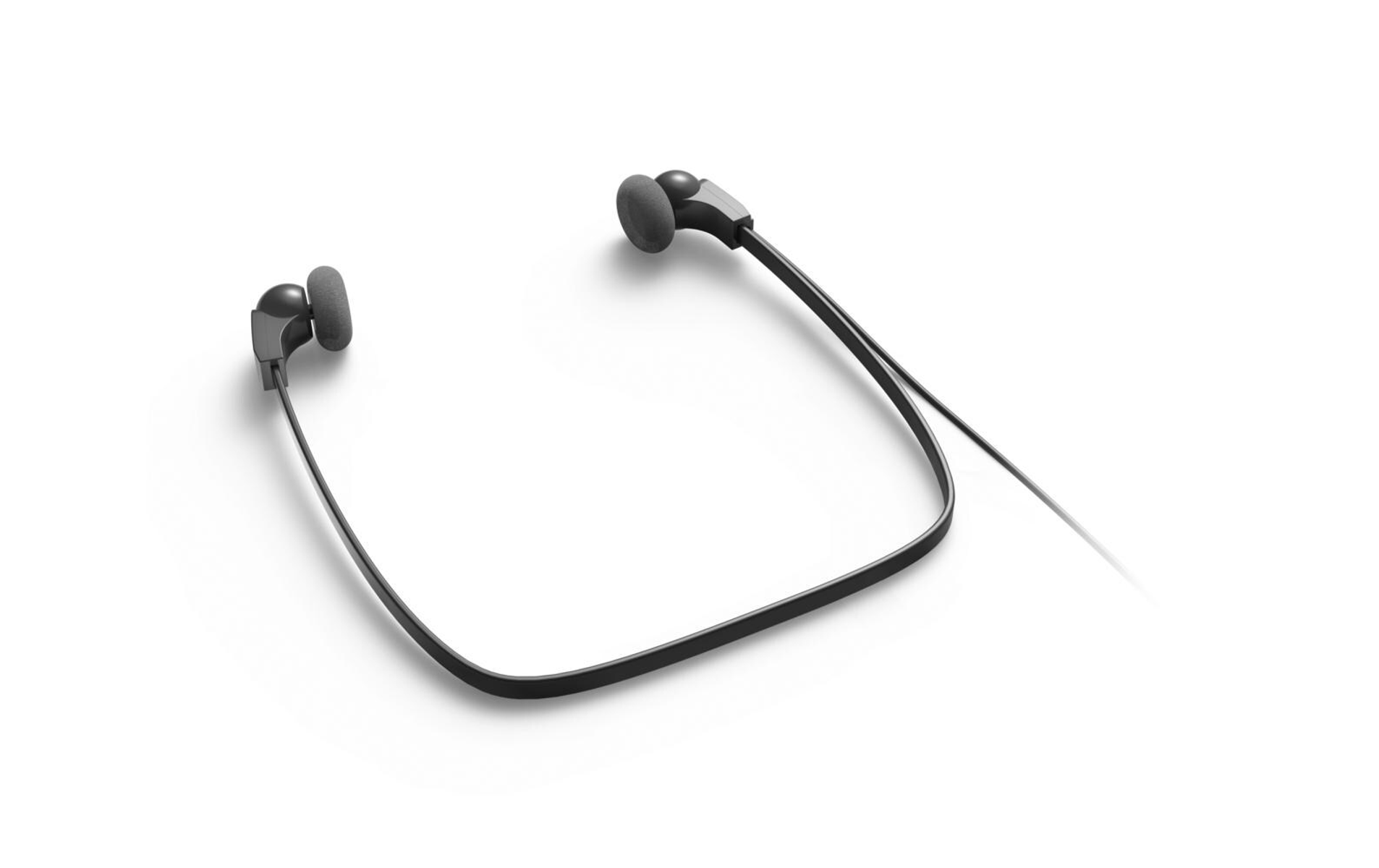 Para czarnych słuchawek dousznych z cienką opaską na szyję na białym tle.