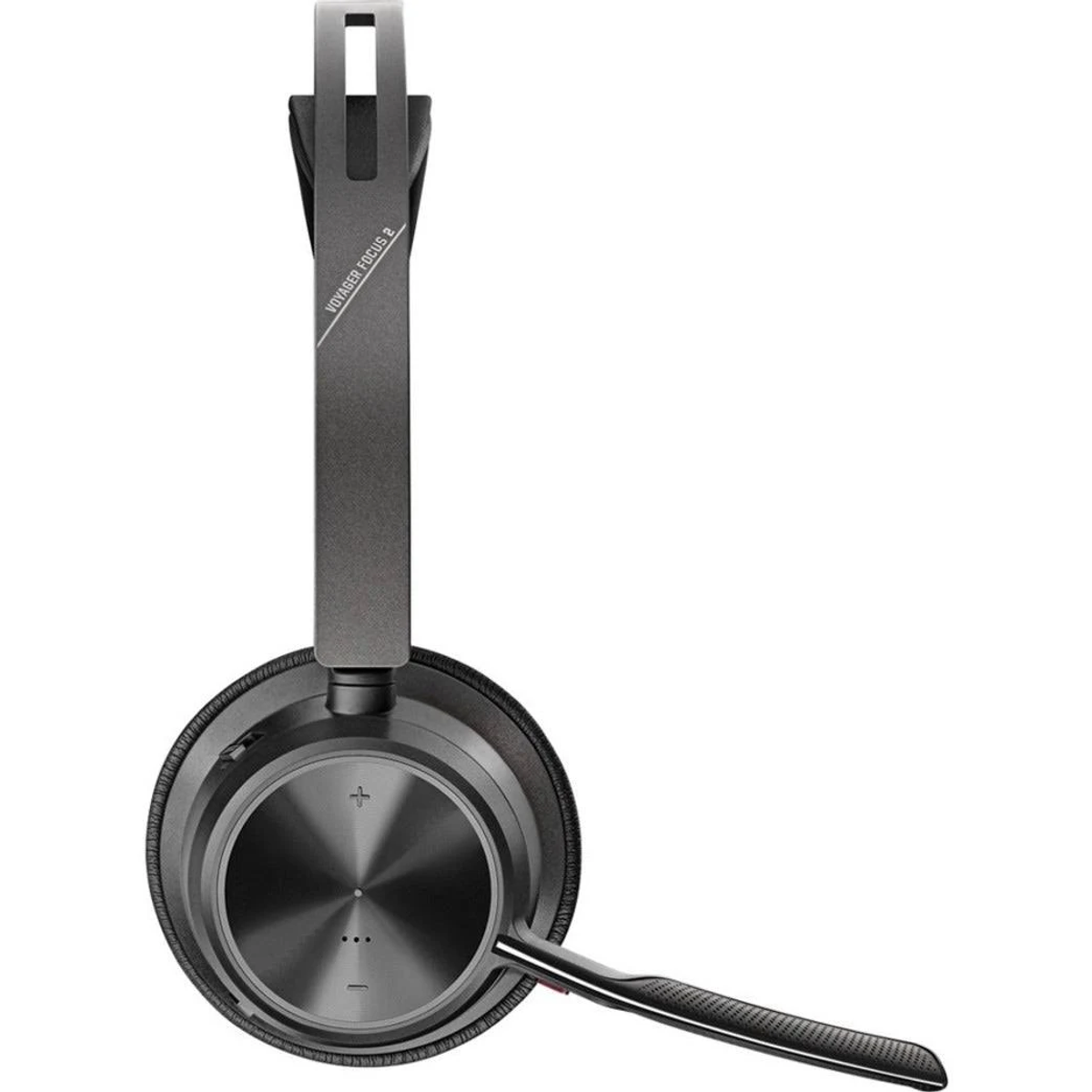 Un auricolare grigio e nero con microfono, sfondo bianco.