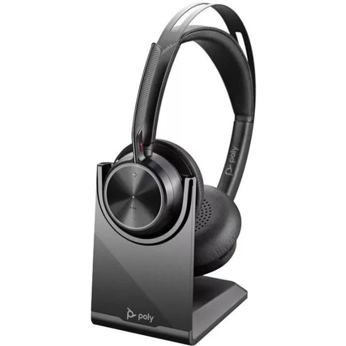 Cuffia nera su una base di ricarica con il logo Plantronics.