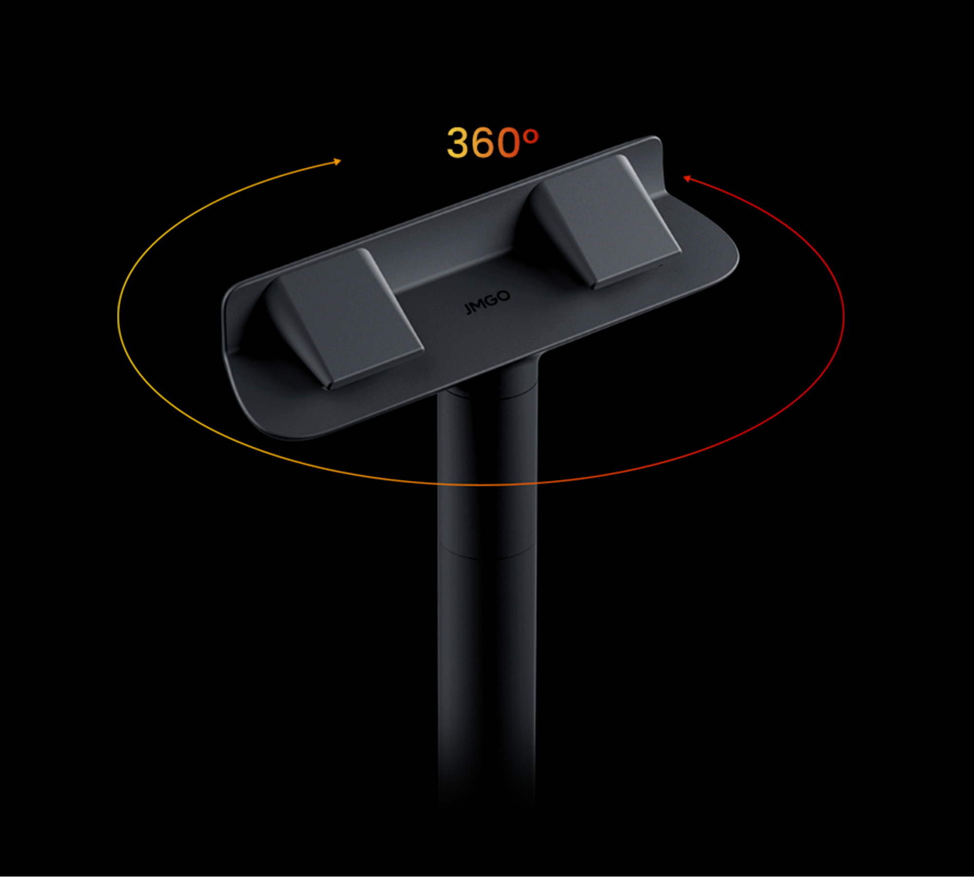 Supporto nero con etichetta JMGO, con rotazione a 360 gradi indicata da frecce su sfondo nero.