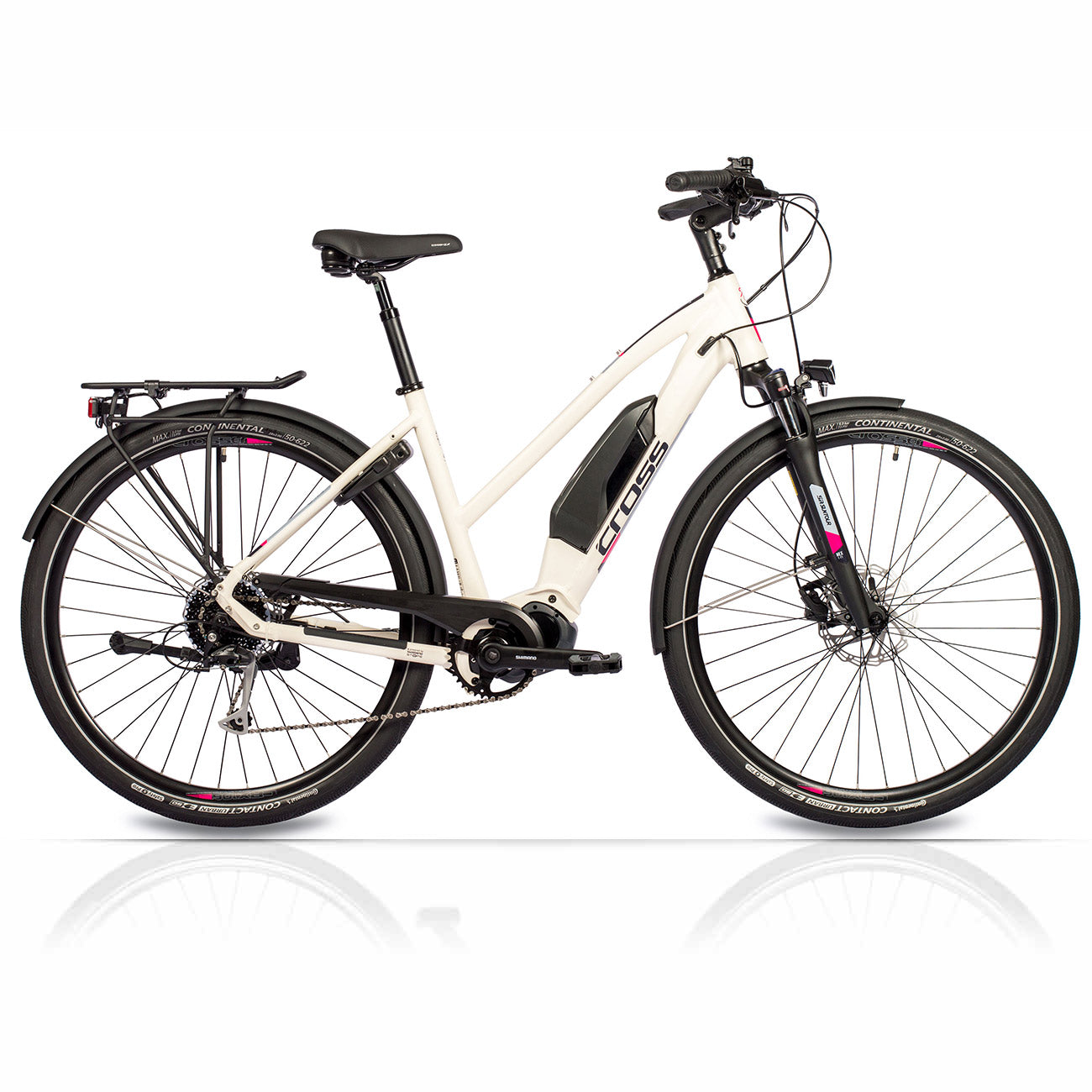 Weißes Elektrofahrrad mit schwarzen Reifen und rosa Akzenten. Das Fahrrad vor weißem Hintergrund.