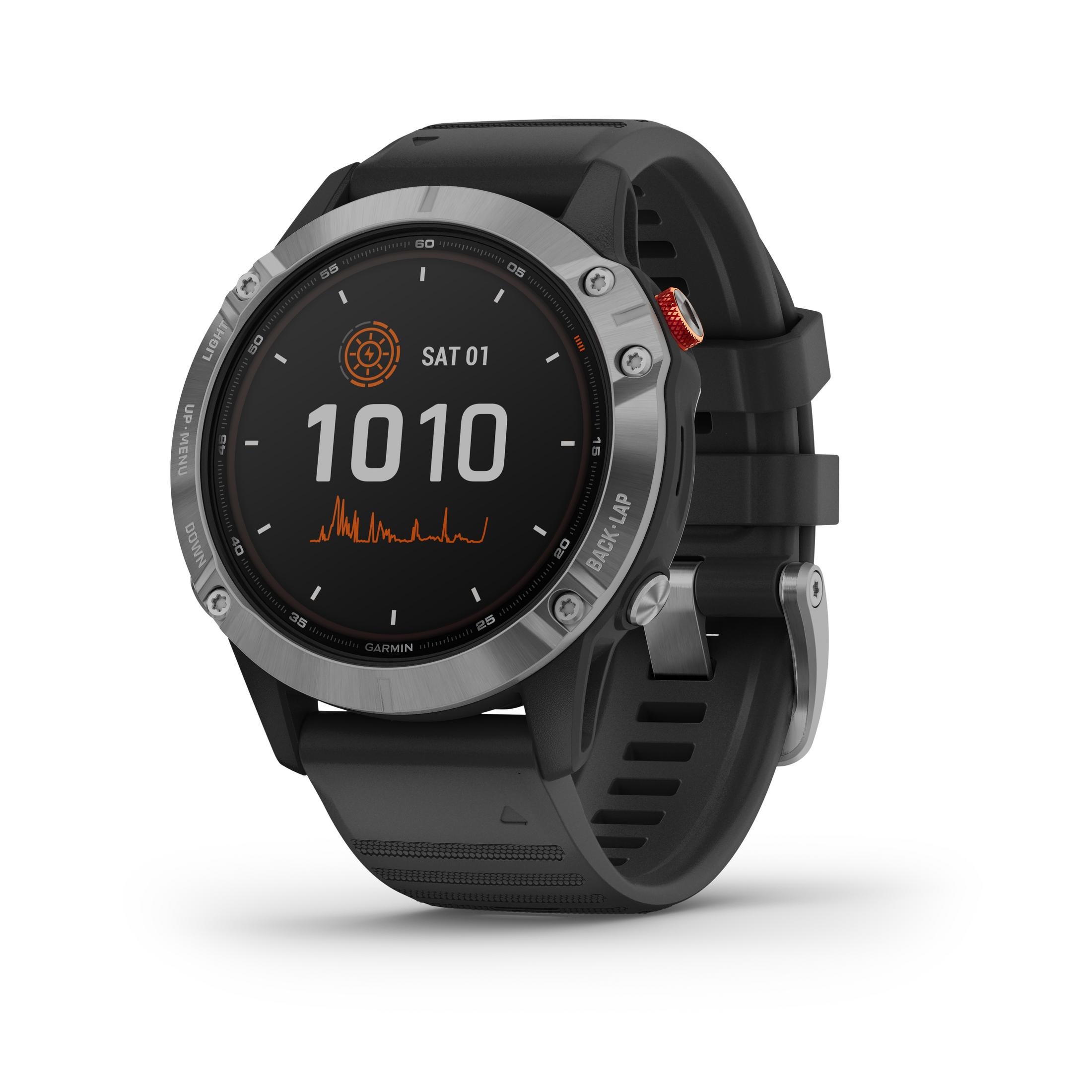 Smartwatch Garmin nero con quadrante rotondo, che mostra l'ora, la data e un grafico della frequenza cardiaca.