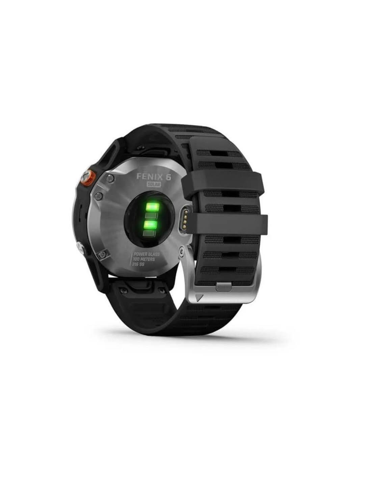 Smartwatch nero con cinturino nero. Il retro mostra sensori e logo.