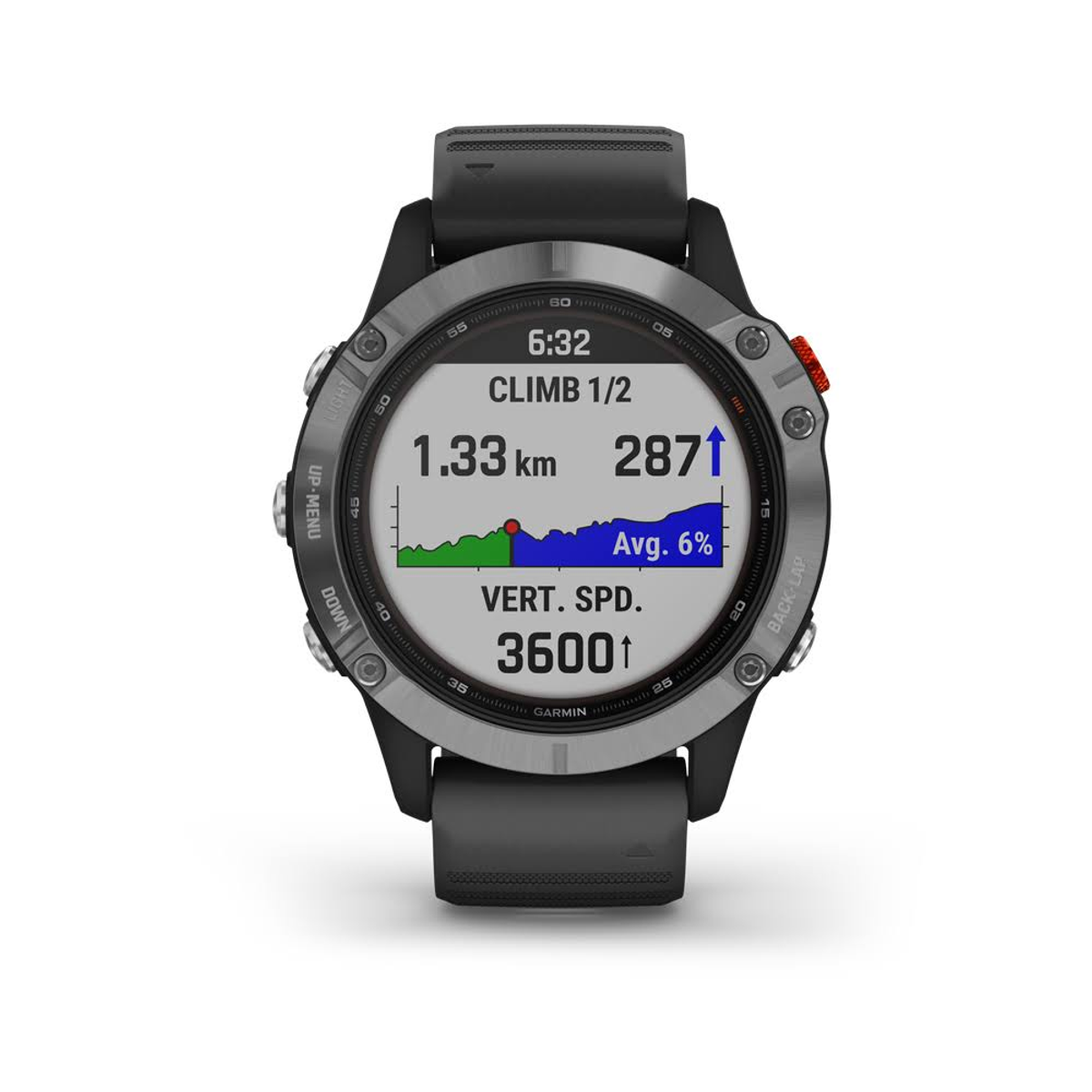 Smartwatch nero che mostra un grafico di salita, ora, distanza e velocità verticale.