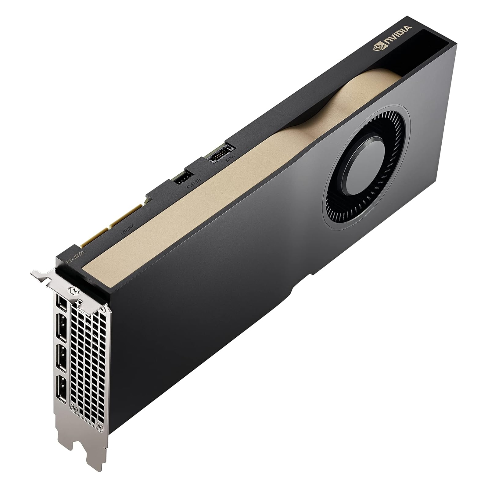 Scheda grafica NVIDIA nera e oro su sfondo bianco.