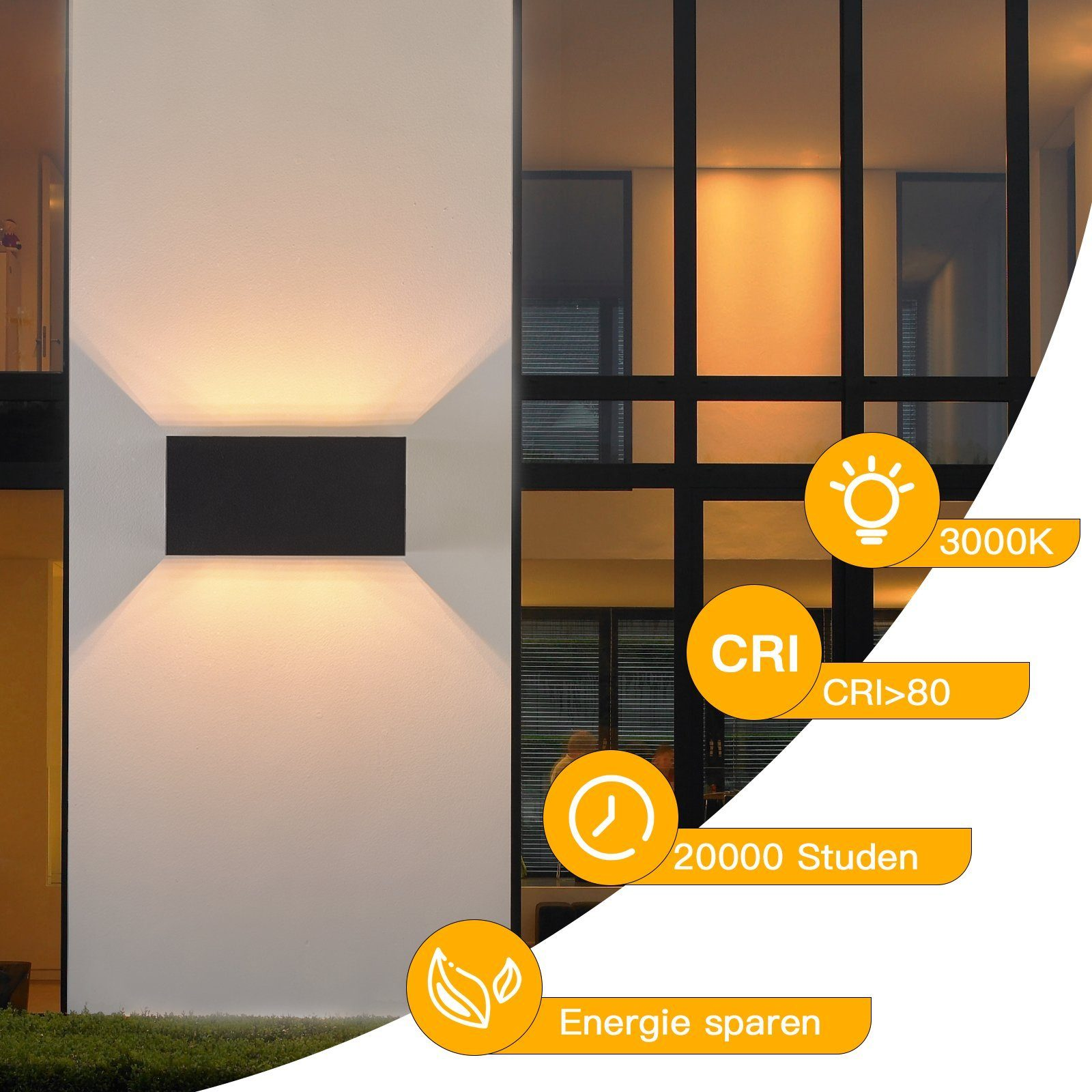 Ściana zewnętrzna z czarną oprawą oświetleniową i ikonami informacyjnymi.