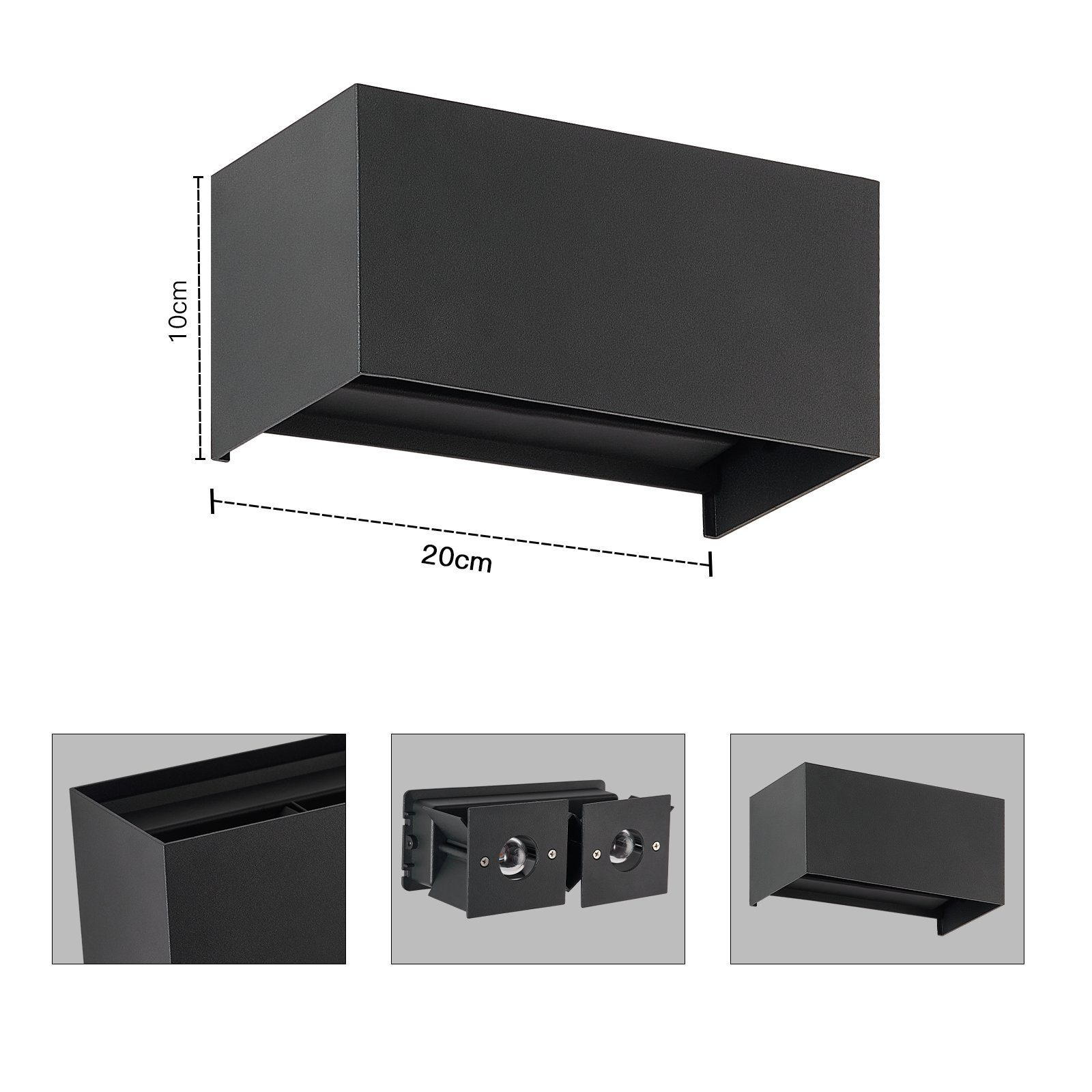 Czarna, prostokątna lampa ścienna zewnętrzna, 20 cm szerokości, 10 cm wysokości. Wiele widoków.