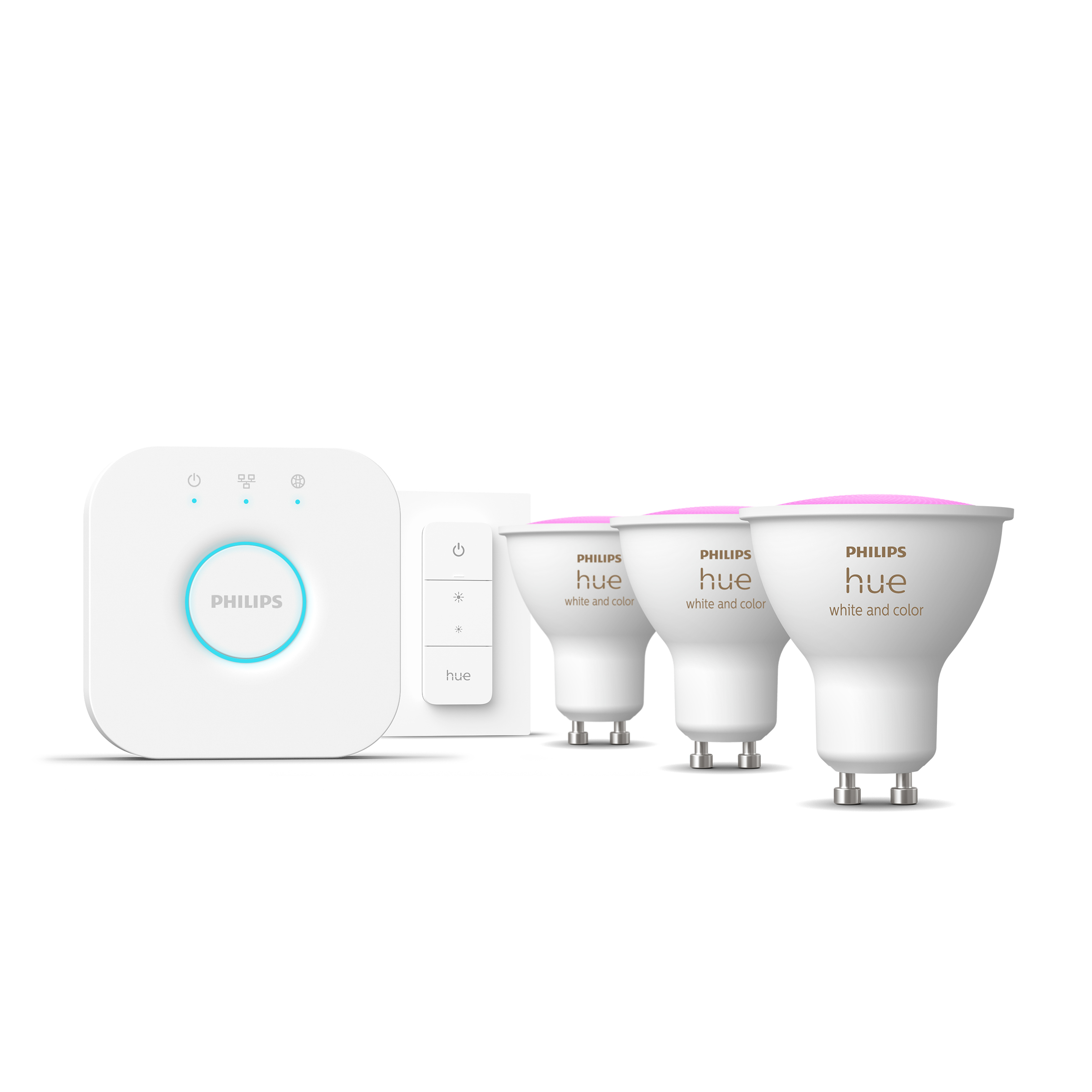 Biały zestaw smart home Philips Hue z mostkiem, pilotem i trzema inteligentnymi żarówkami.