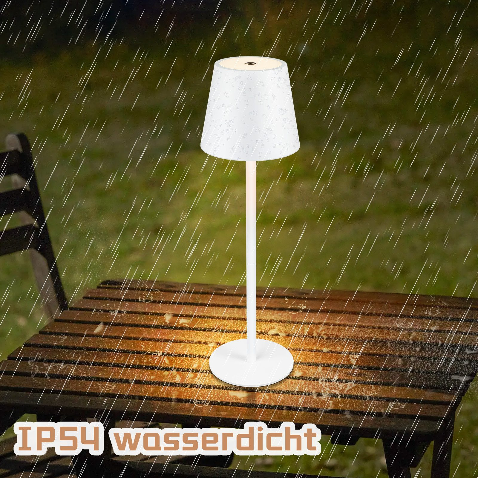 Una lampada bianca su un tavolo di legno con pioggia, testo dice IP54 wasserdicht.