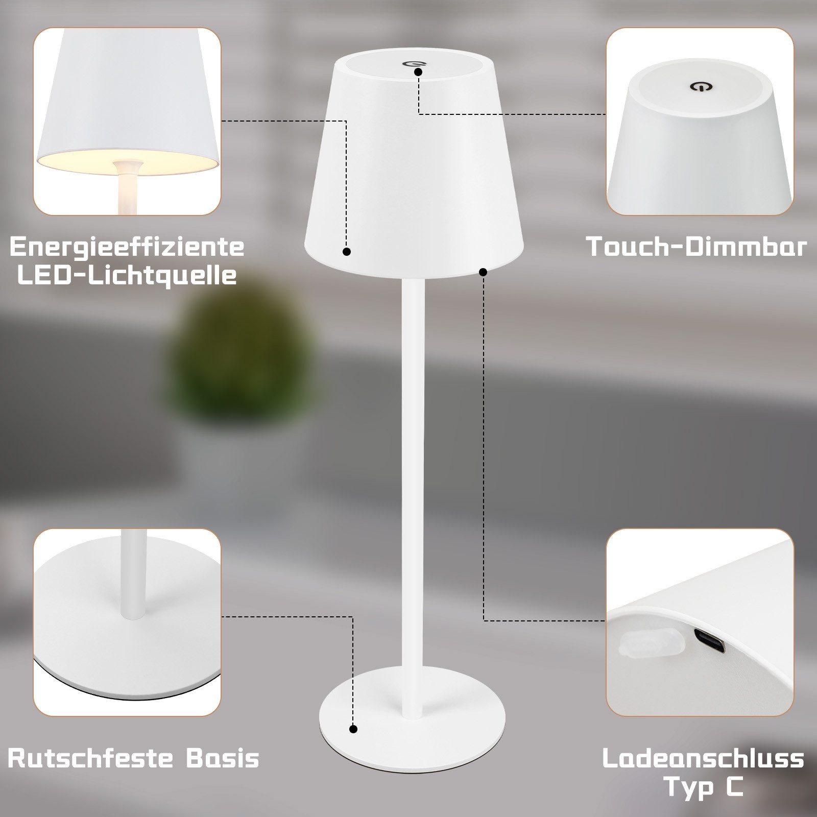 Lampada da tavolo bianca con dimmer touch. Base e porta USB visibili.
