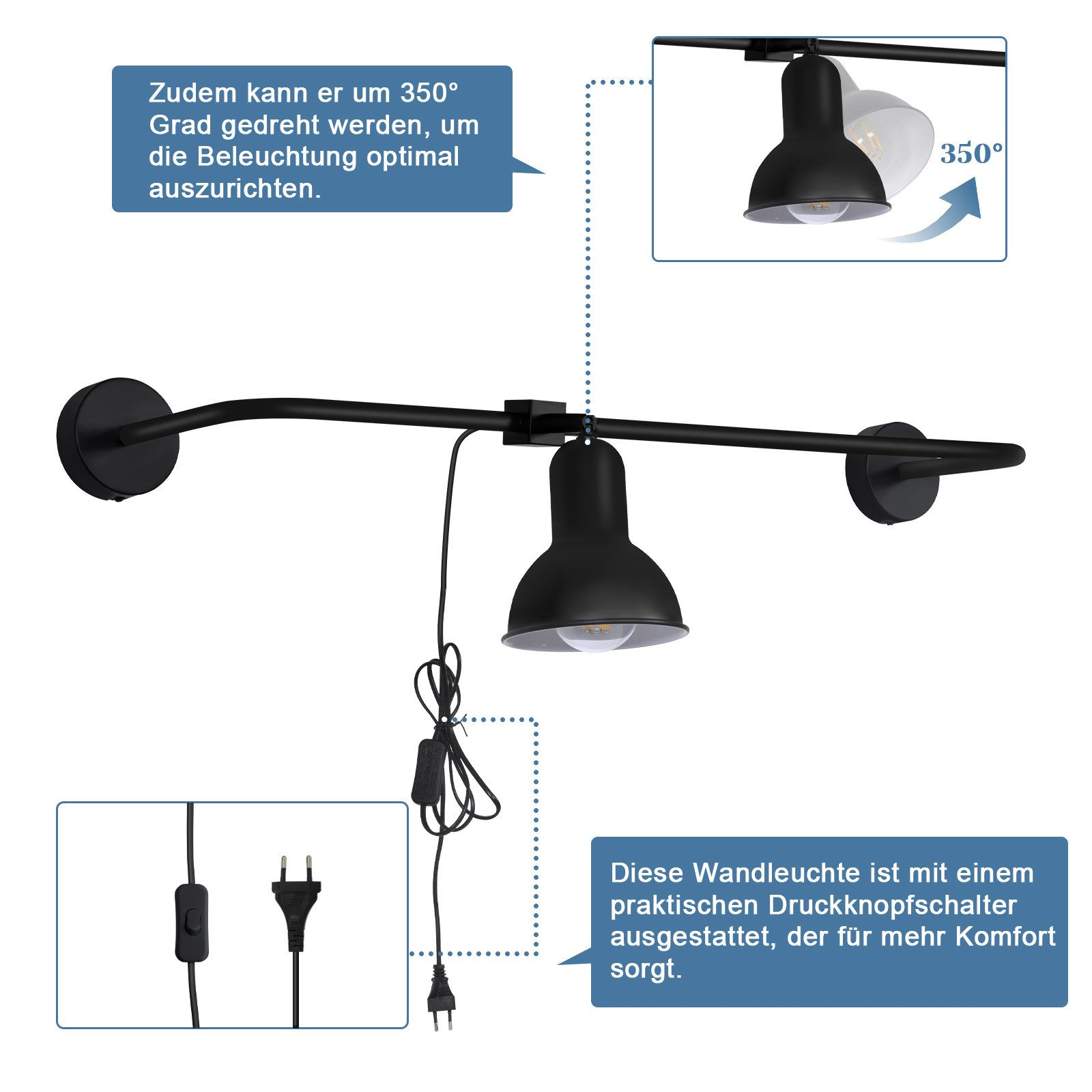 Czarna lampa ścienna z regulowaną głowicą, ma przełącznik i wtyczkę. Tekst na obrazku.