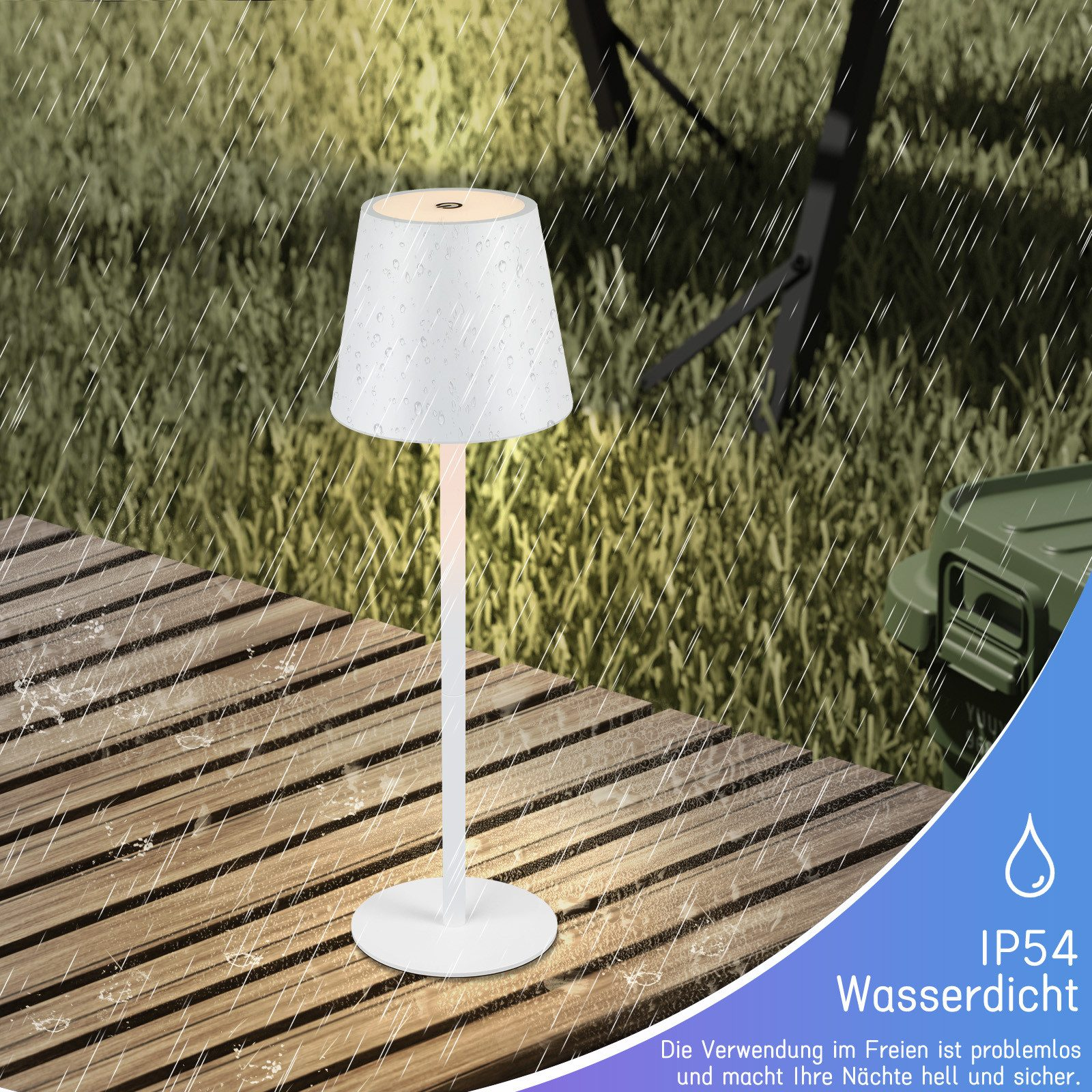 Biała wodoodporna lampa na drewnianym pokładzie z efektem deszczu i ikoną kropli wody.