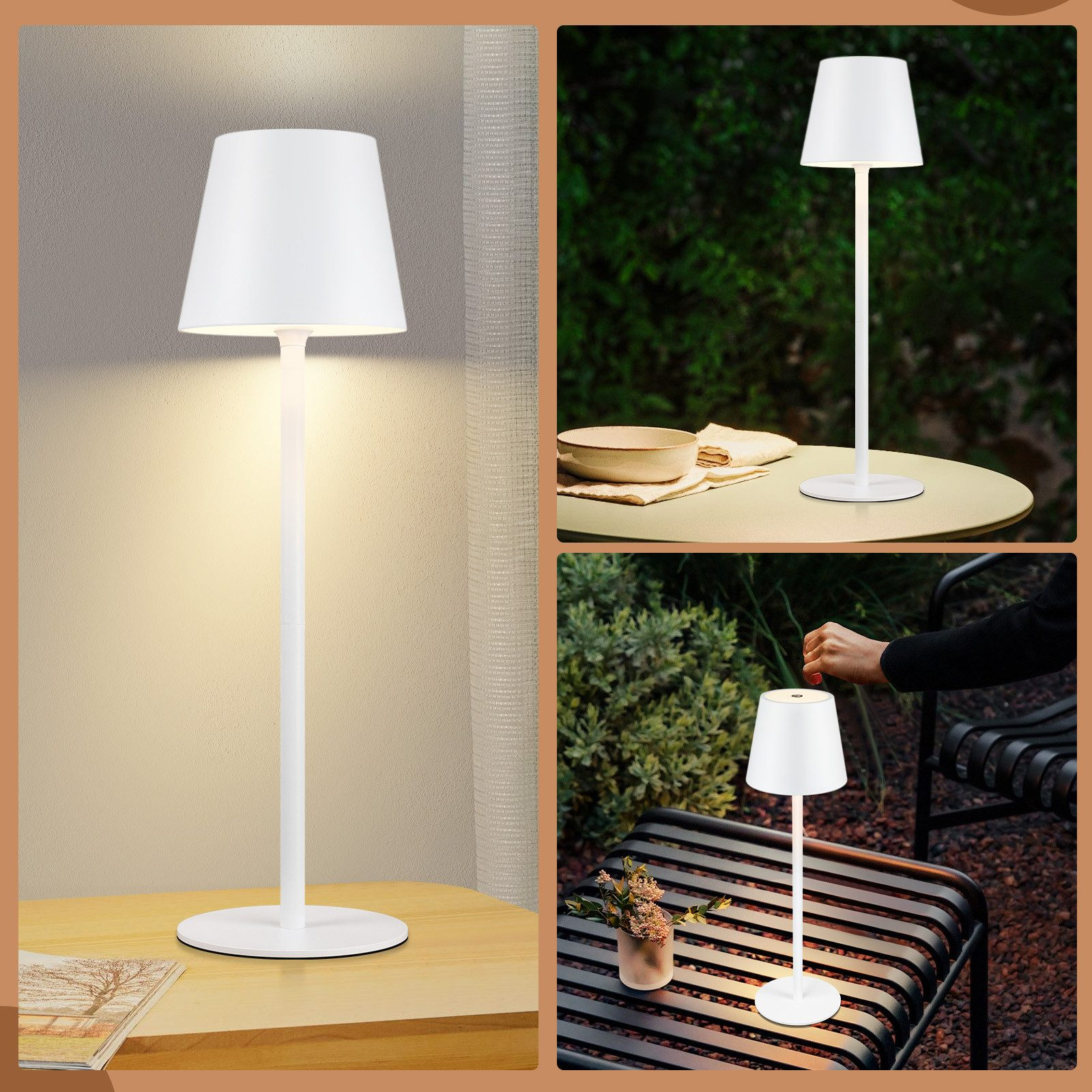 Tre immagini di una lampada bianca su varie superfici, con paralume e base bianchi.