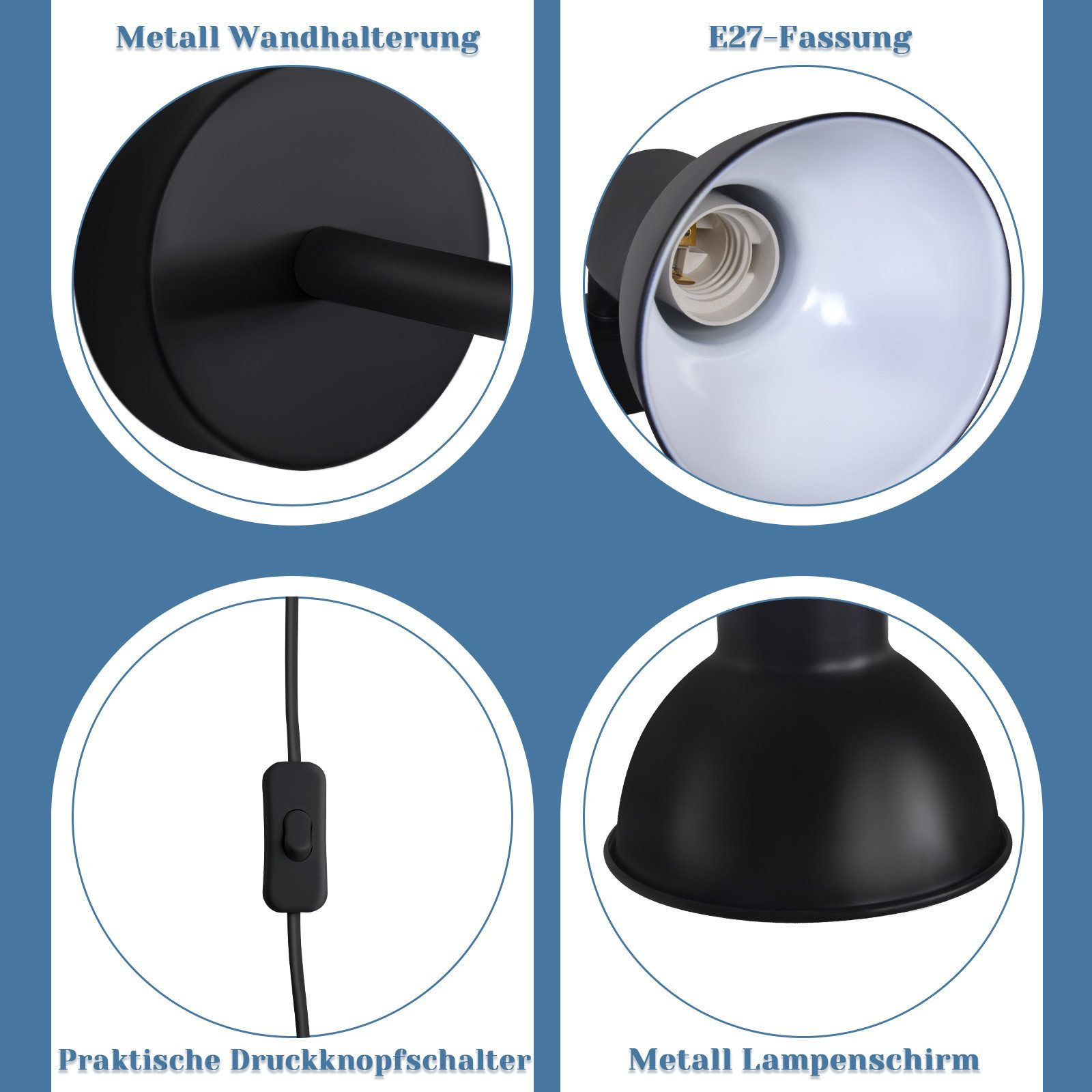 Cztery obrazy przedstawiające części czarnej lampy ściennej z żarówką. Obrazy są podpisane.