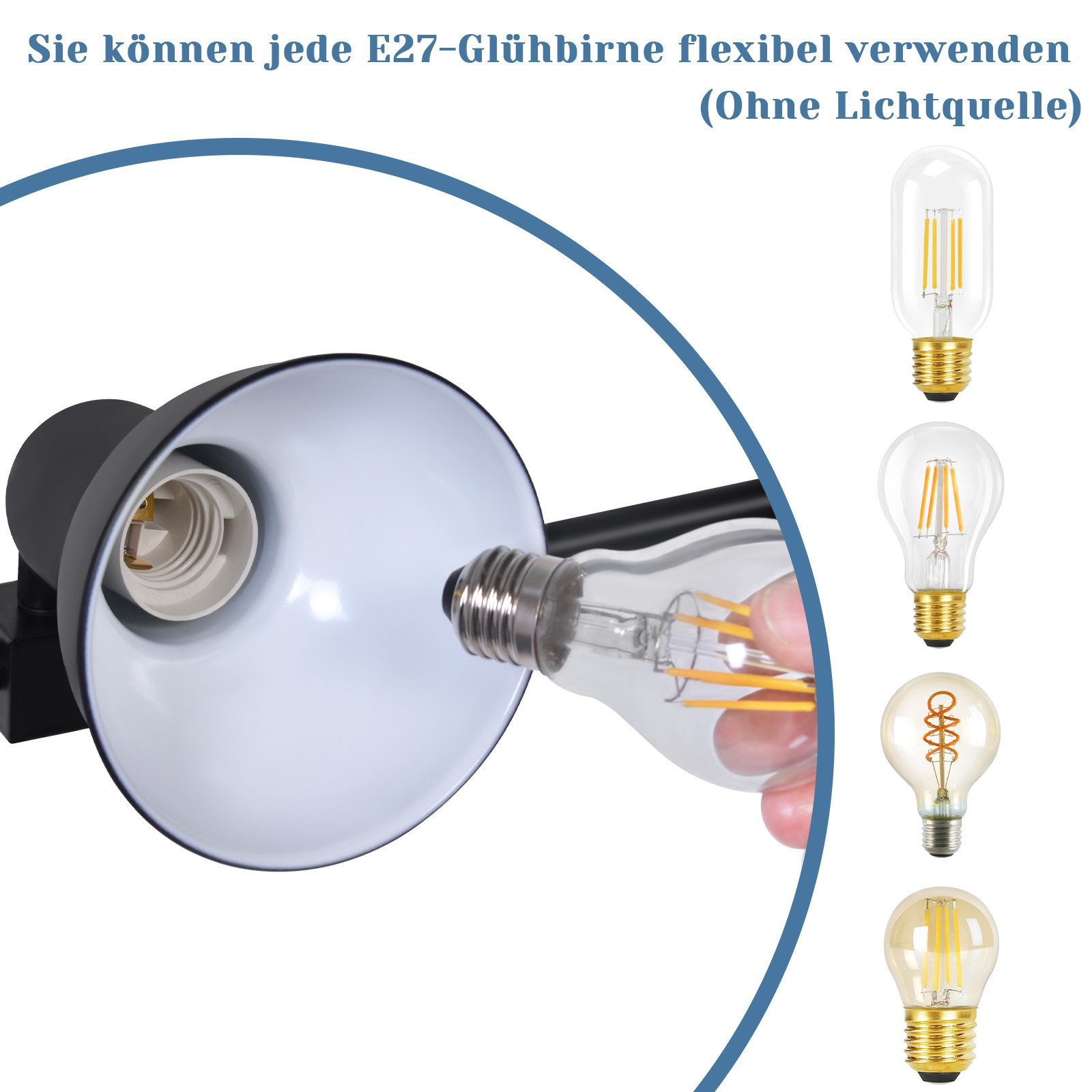 Czarna lampa z wkręcaną żarówką. Wyświetlane są trzy inne opcje żarówek. Tekst: E27.