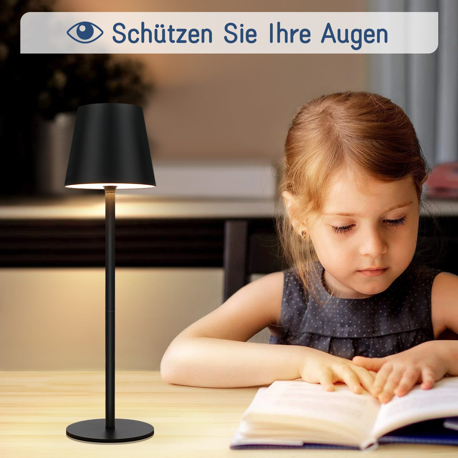 Dziewczyna czyta przy czarnej lampie. Tekst: 'Chroń swoje oczy'. Tło rozmyte.