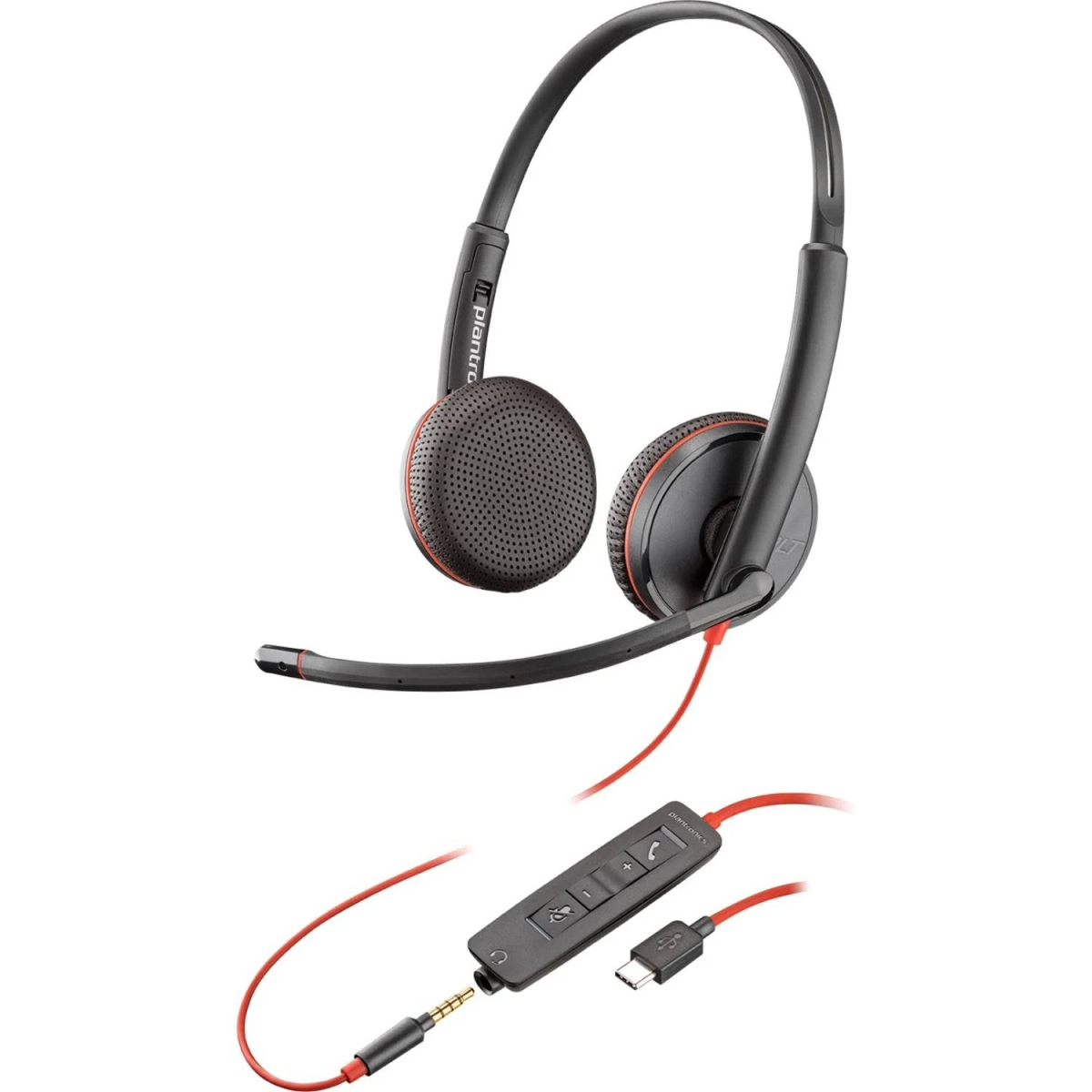Cuffie nere e rosse con microfono e controllo in linea con connettori USB e aux.