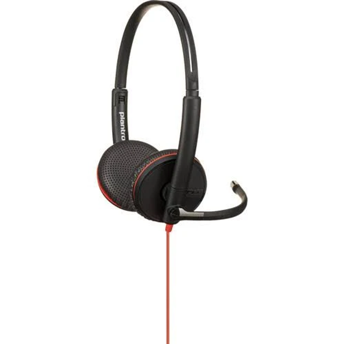 Cuffie nere con microfono e cavo rosso, isolate su sfondo bianco.