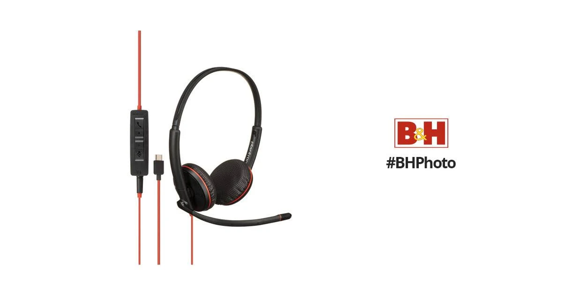 Cuffie con cavo rosso. Cuffie nere con microfono. Logo B&H Photo.