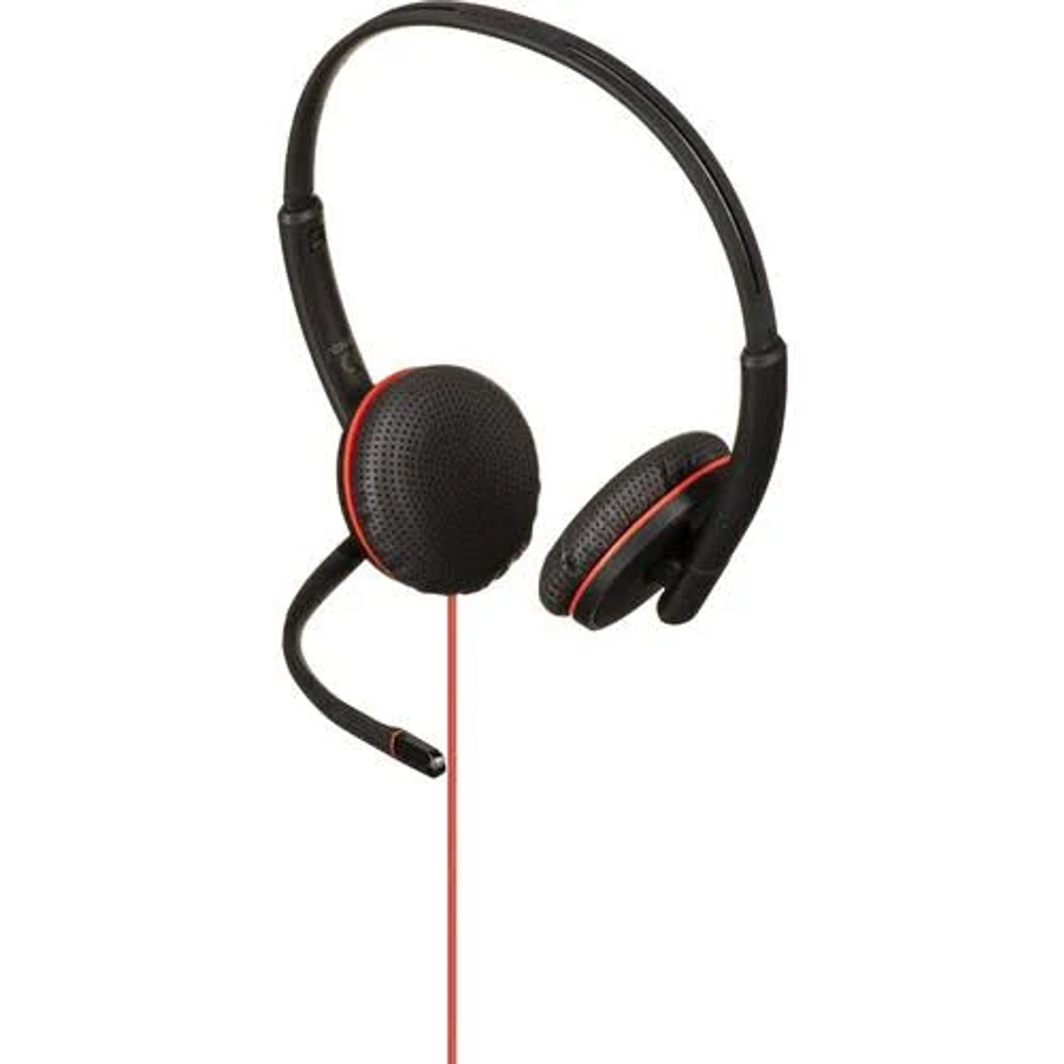 Cuffie nere con cavo microfono rosso, su sfondo bianco.