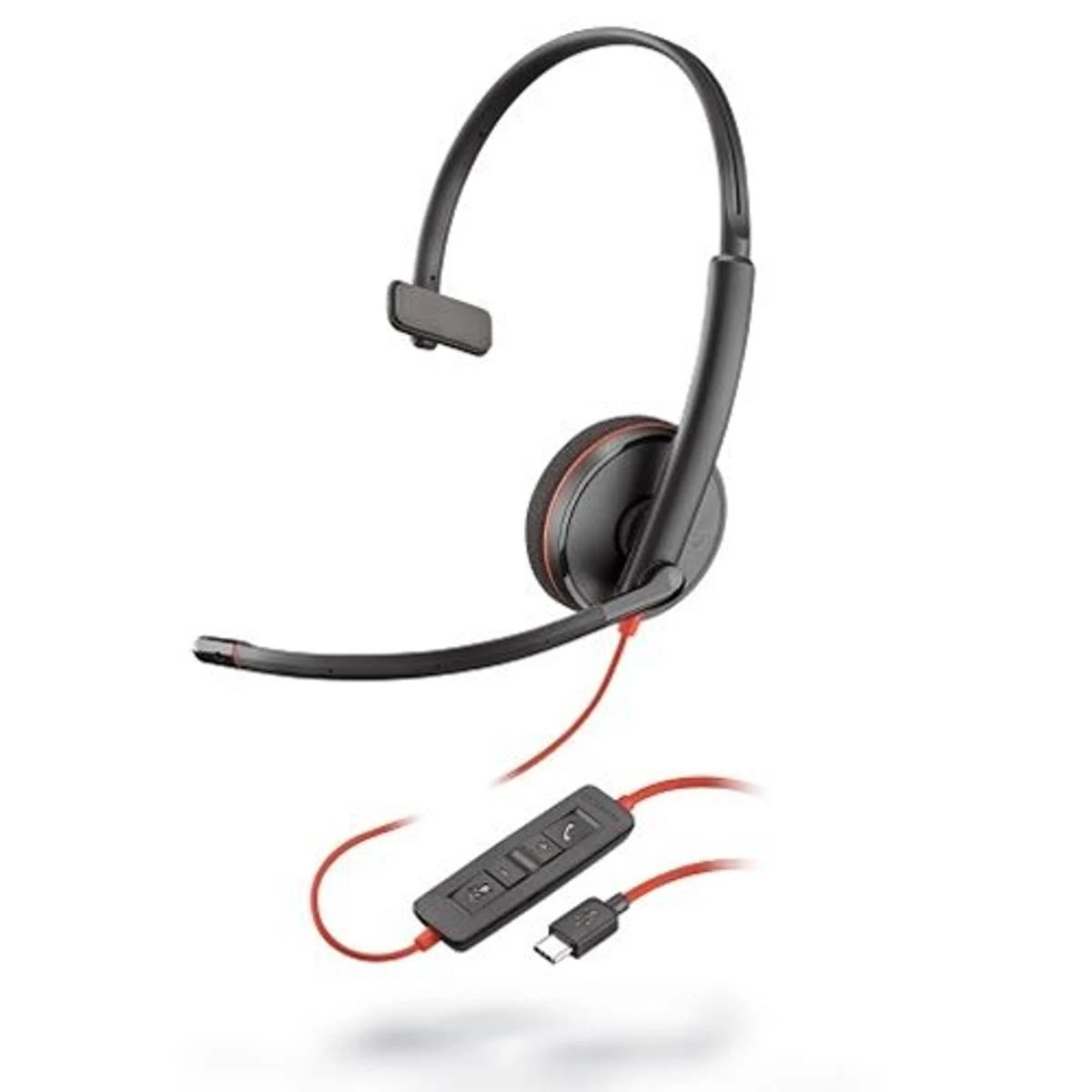 Cuffie nere e rosse con microfono, pannello di controllo e connettore USB-C, sfondo bianco.