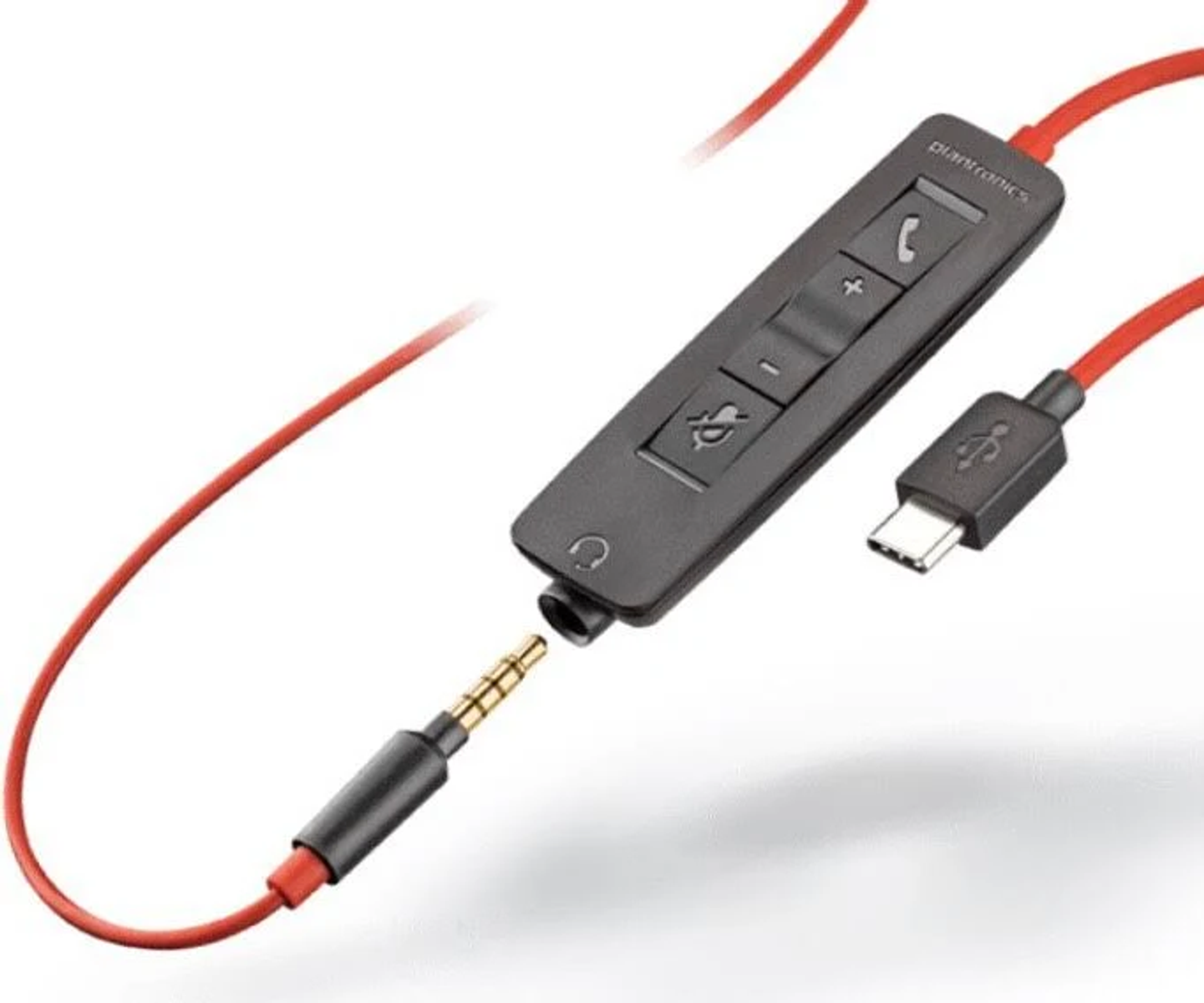 Controllo cuffie USB-C nero con filo rosso e connessione jack.