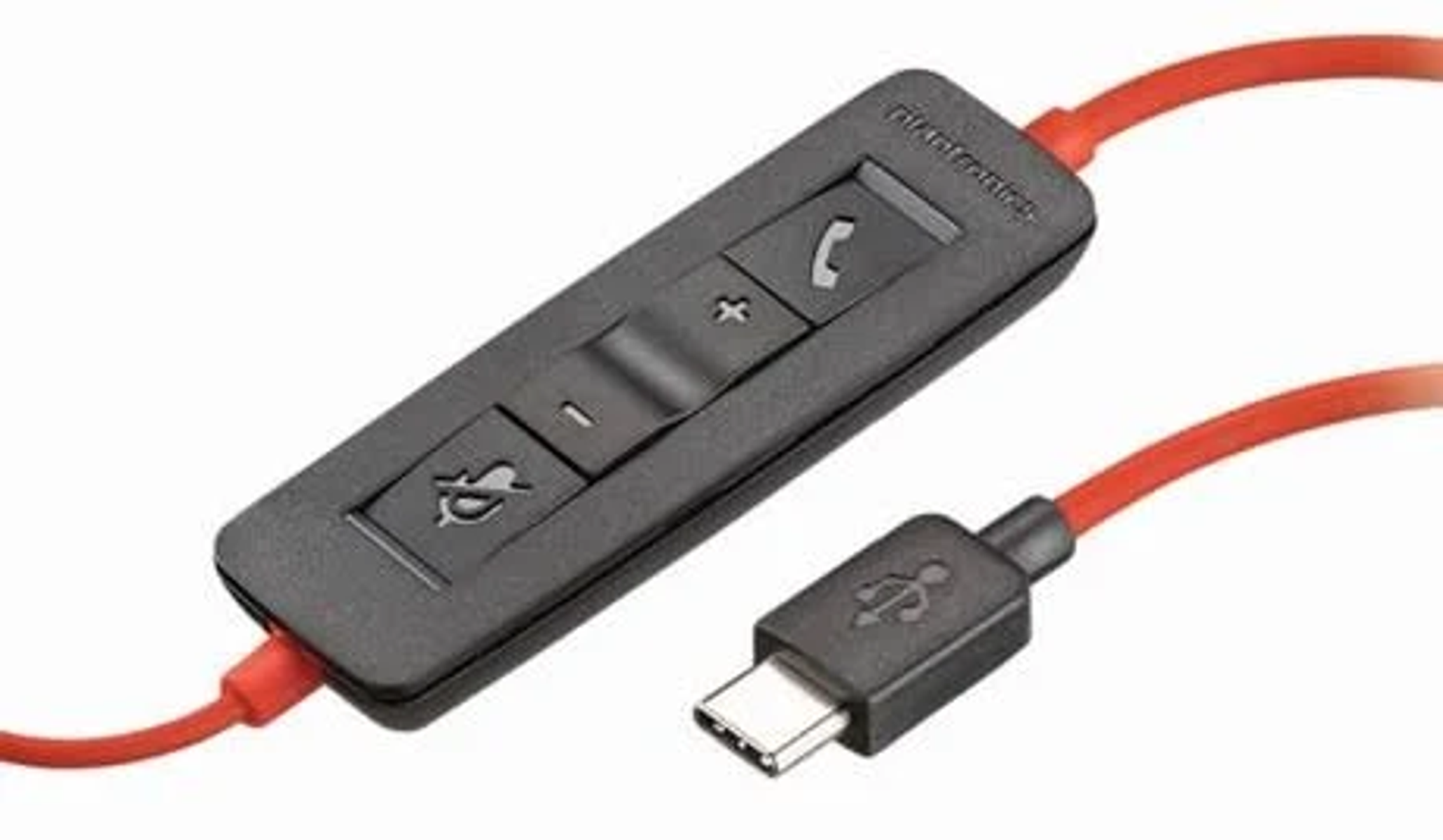 Controllo cuffie nero con cavo rosso e connettore USB-C.