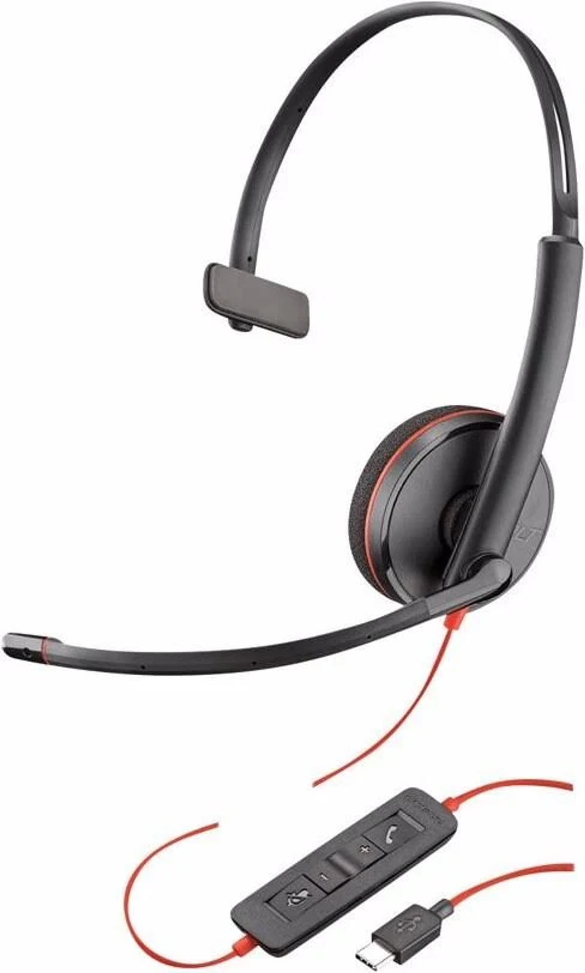 Cuffie nere con cavo rosso e controllo in linea, connettore USB.